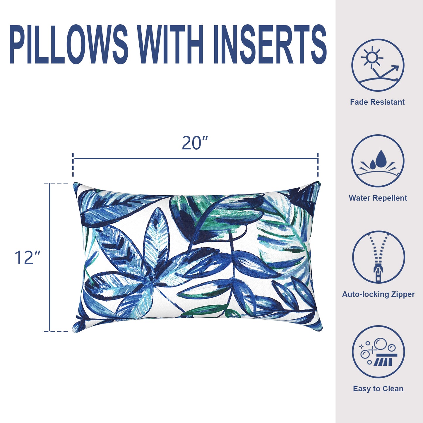 Melody Elephant Outdoor/Indoor Lumbar Pillows, Water Repellent Cushion Pillows, 12x20 Inch, Outdoor Pillows with Inserts for Home Garden, Pack of 2, Leaves Ink Blue