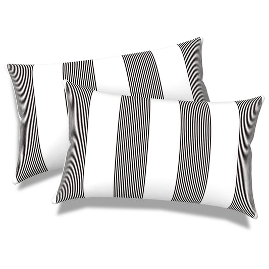Melody Elephant Outdoor/Indoor Lumbar Pillows, Water Repellent Cushion Pillows, 12x20 Inch, Outdoor Pillows with Inserts for Home Garden, Pack of 2, Stripe Cabana Black