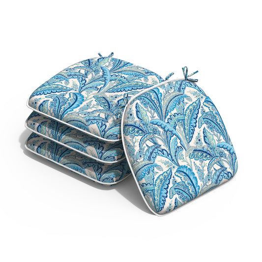 Melody Elephant Outdoor Chair Cushions Set of 4, Water Resistant Patio Chair Pads with Ties, Seat Cushions for Home Garden Furniture Decoration, 16”x17”,  Monotone Leaves Blue