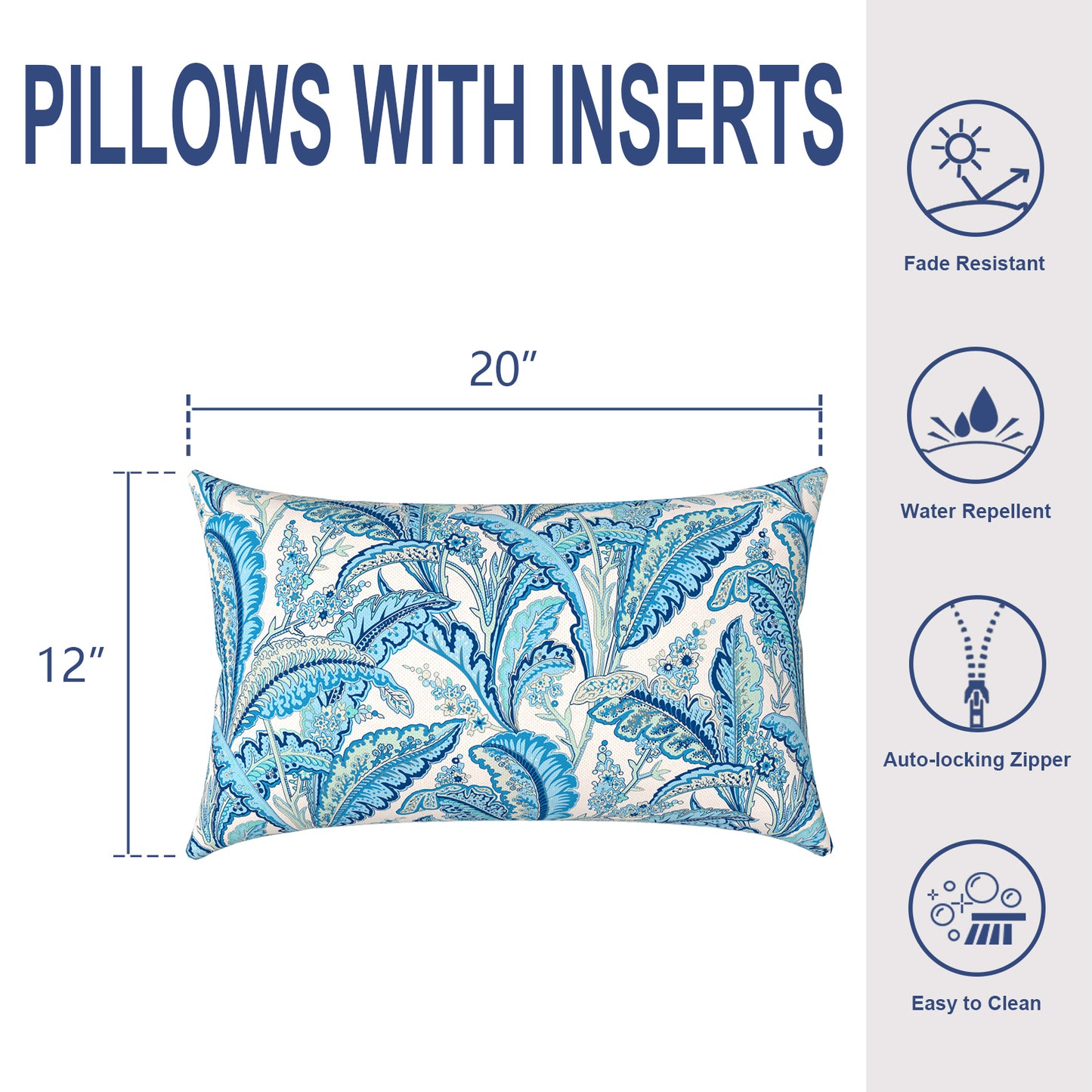 Melody Elephant Outdoor/Indoor Lumbar Pillows, Water Repellent Cushion Pillows, 12x20 Inch, Outdoor Pillows with Inserts for Home Garden, Pack of 2, Monotone Leaves Blue