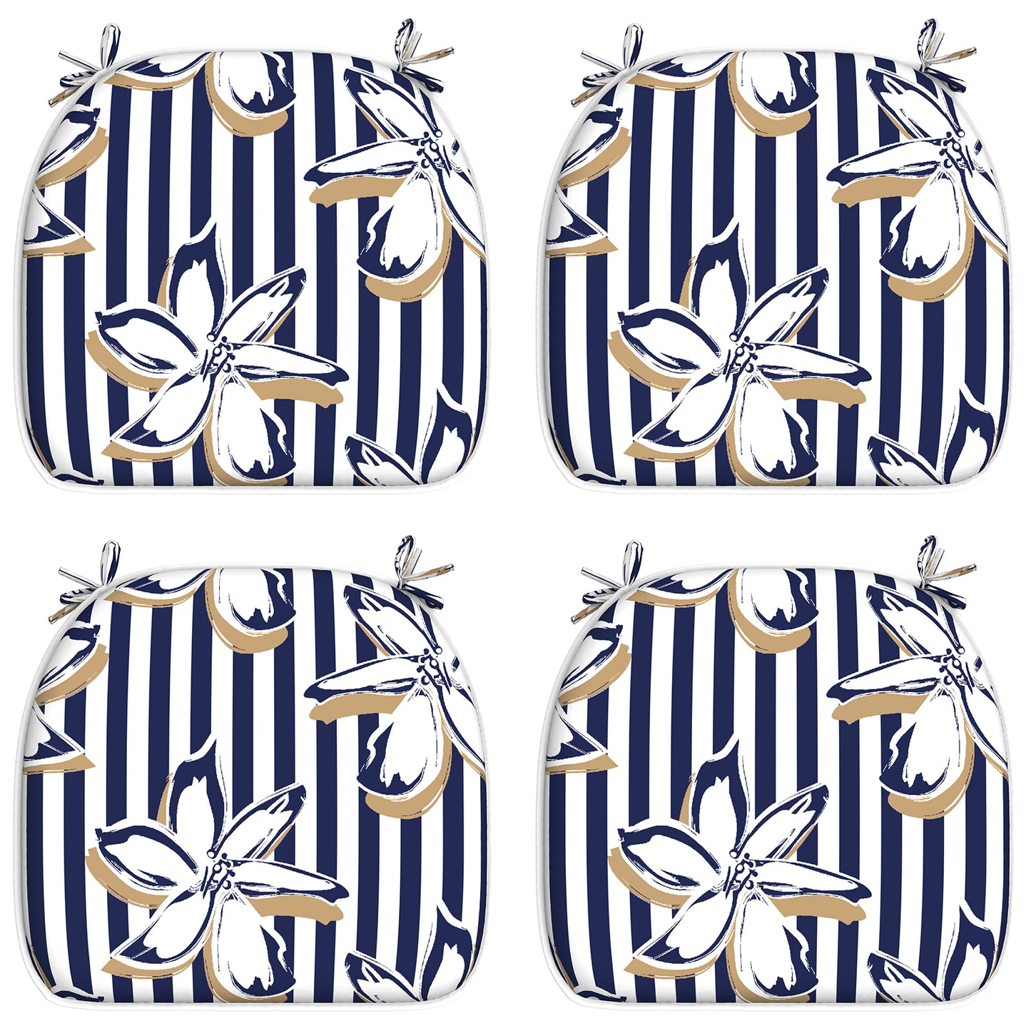 Melody Elephant Outdoor Chair Cushions Set of 4, Water Resistant Patio Chair Pads with Ties, Seat Cushions for Home Garden Furniture Decoration, 16”x17”,  Clemens Cabana Navy
