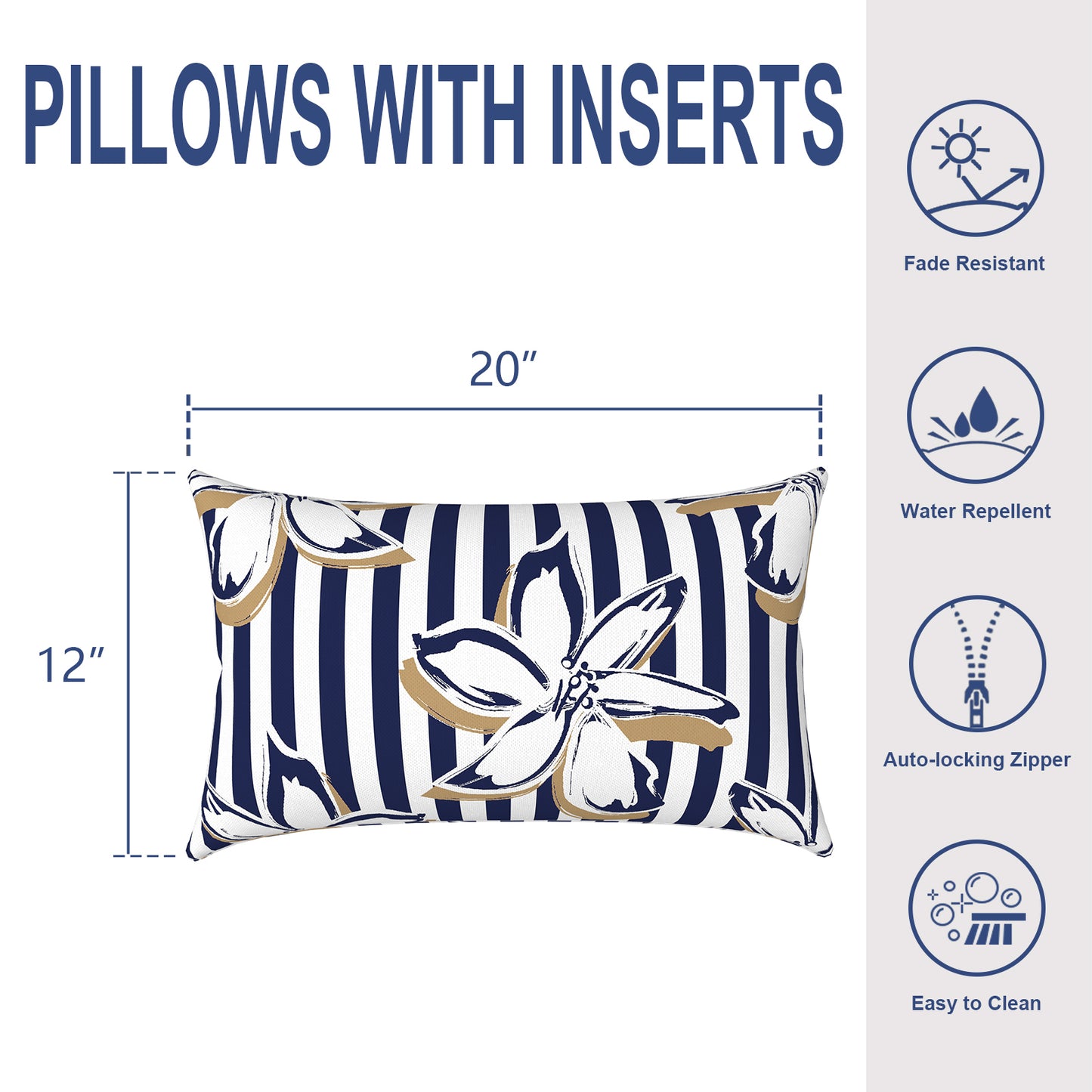 Melody Elephant Outdoor/Indoor Lumbar Pillows, Water Repellent Cushion Pillows, 12x20 Inch, Outdoor Pillows with Inserts for Home Garden, Pack of 2, Clemens Cabana Navy