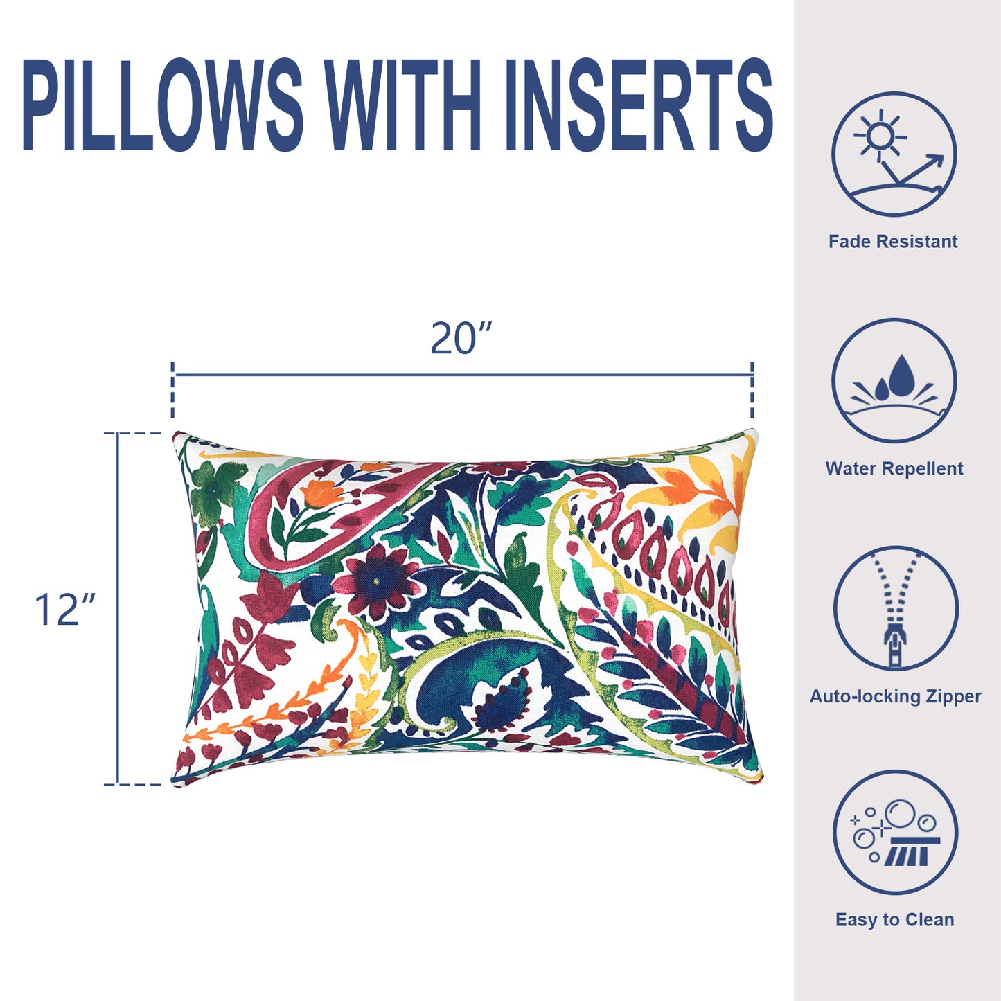 Melody Elephant Outdoor/Indoor Lumbar Pillows, Water Repellent Cushion Pillows, 12x20 Inch, Outdoor Pillows with Inserts for Home Garden, Pack of 2, Vigour Paisley