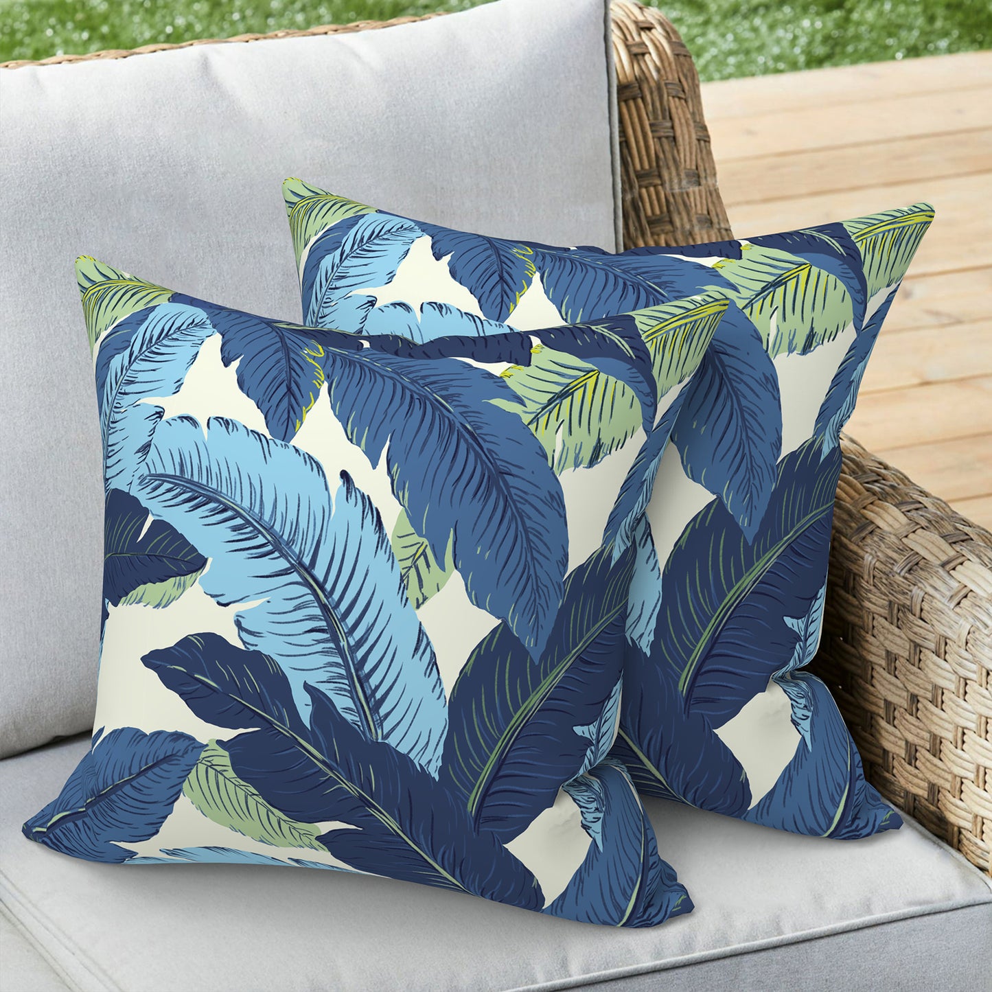 Melody Elephant Outdoor/Indoor Throw Pillow Covers Set of 2, All Weather Square Pillow Cases 16x16 Inch, Patio Cushion Pillow of Home Furniture Use, Swaying Palms Blue