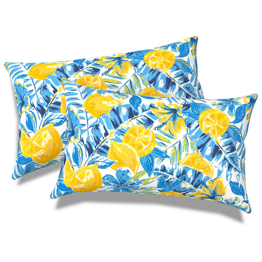 Melody Elephant Outdoor/Indoor Lumbar Pillows, Water Repellent Cushion Pillows, 12x20 Inch, Outdoor Pillows with Inserts for Home Garden, Pack of 2, Lemon Blossom Blue