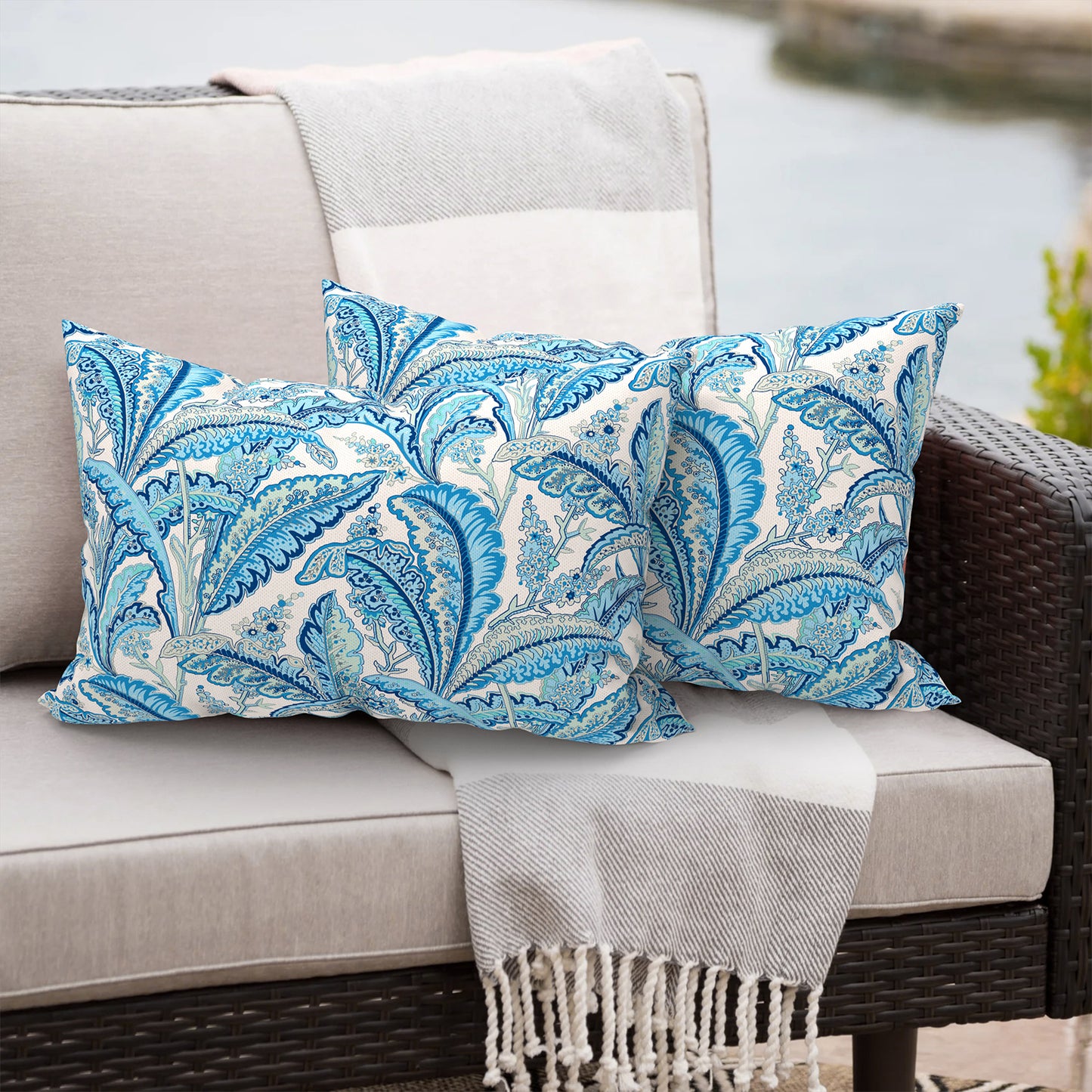 Melody Elephant Outdoor/Indoor Lumbar Pillows, Water Repellent Cushion Pillows, 12x20 Inch, Outdoor Pillows with Inserts for Home Garden, Pack of 2, Monotone Leaves Blue