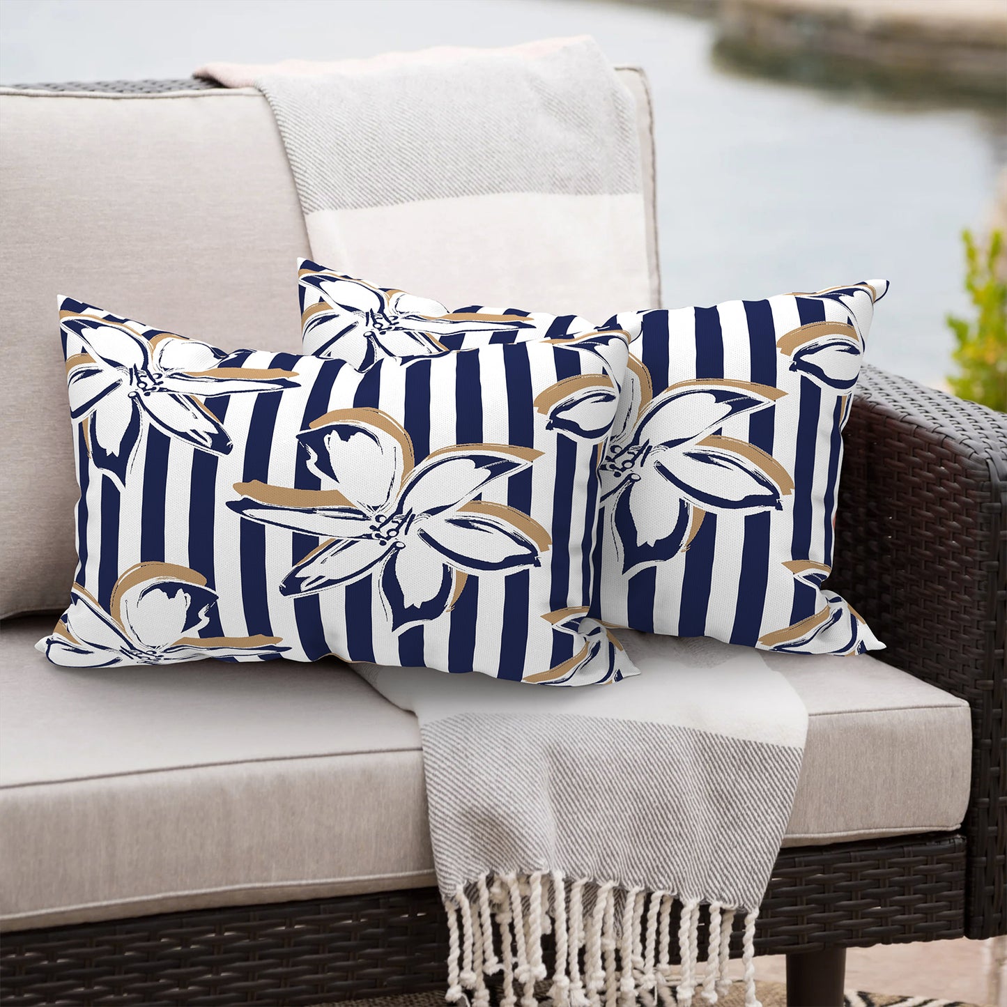 Melody Elephant Outdoor/Indoor Lumbar Pillows, Water Repellent Cushion Pillows, 12x20 Inch, Outdoor Pillows with Inserts for Home Garden, Pack of 2, Clemens Cabana Navy