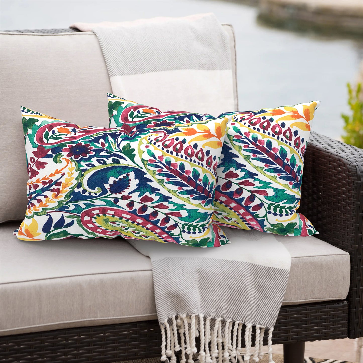 Melody Elephant Outdoor/Indoor Lumbar Pillows, Water Repellent Cushion Pillows, 12x20 Inch, Outdoor Pillows with Inserts for Home Garden, Pack of 2, Vigour Paisley