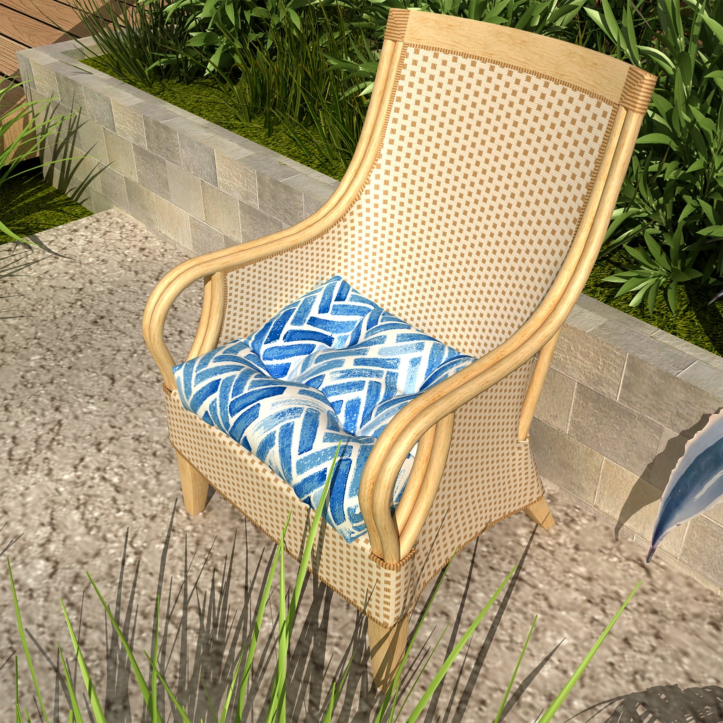 Melody Elephant Indoor/Outdoor Square Tufted Seat Cushions with Ties, Fade Resistant Patio Wicker Thick Chair Pads Pack of 2, 19 x 19 x 5 Inch, Blue Bricks