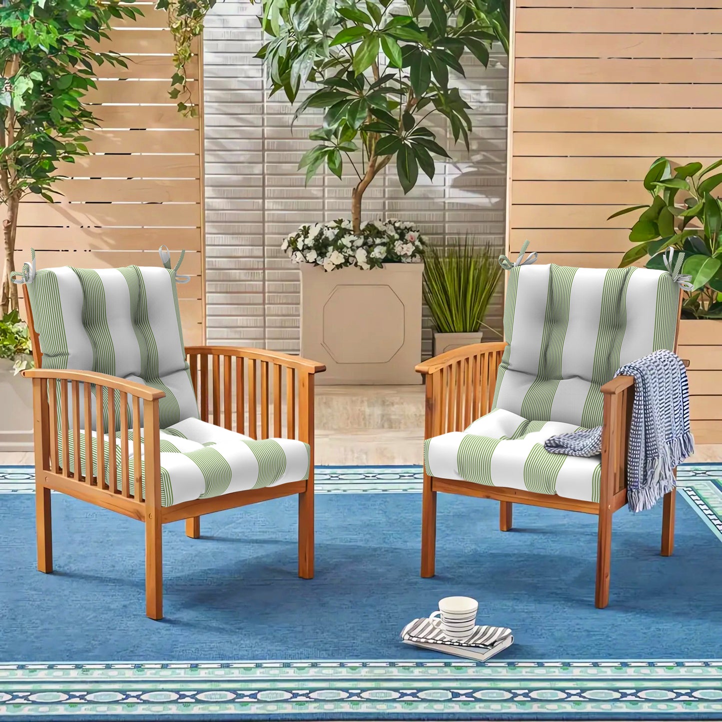Melody Elephant Indoor/Outdoor Square Tufted Seat Cushions with Ties, Fade Resistant Patio Wicker Thick Chair Pads Pack of 2, 19 x 19 x 5 Inch, Stripe Cabana Green