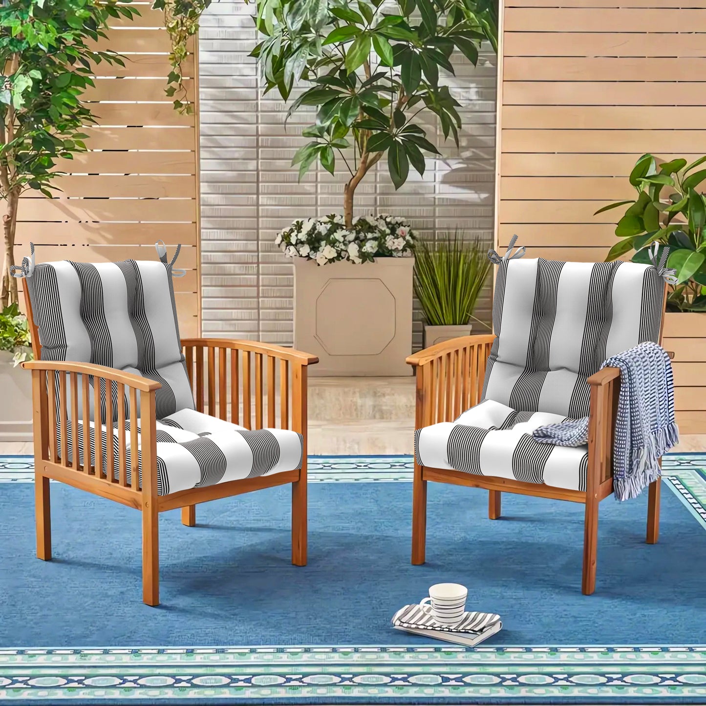 Melody Elephant Indoor/Outdoor Square Tufted Seat Cushions with Ties, Fade Resistant Patio Wicker Thick Chair Pads Pack of 2, 19 x 19 x 5 Inch, Stripe Cabana Black