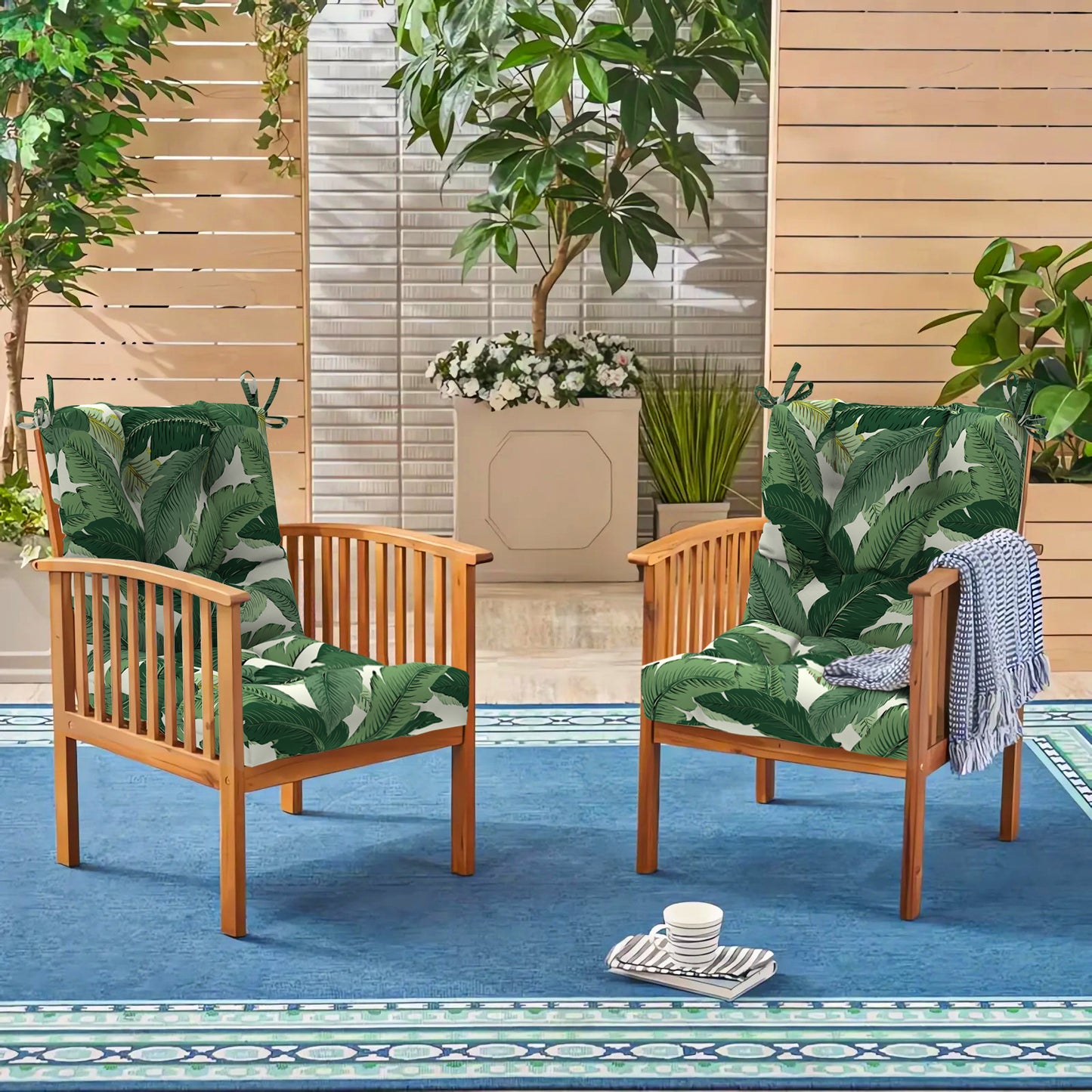 Melody Elephant Indoor/Outdoor Square Tufted Seat Cushions with Ties, Fade Resistant Patio Wicker Thick Chair Pads Pack of 2, 19 x 19 x 5 Inch, Swaying Palms Green