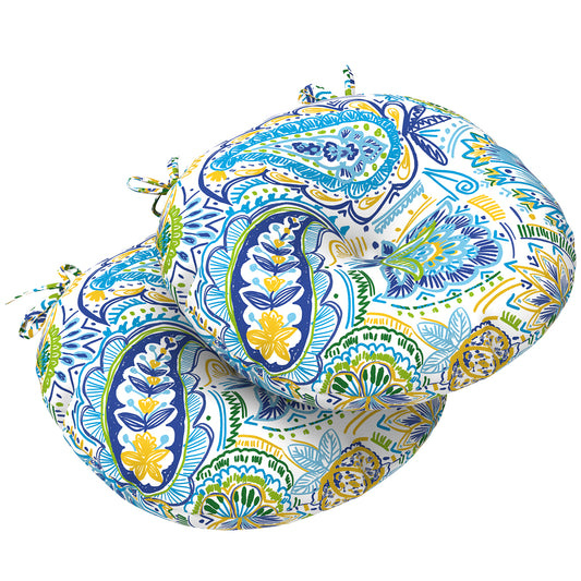 Melody Elephant Outdoor Bistro Chair Cushions, Water Repellent Furniture Chair Pads Set of 2, Round Pillow for Decoration Home and Garden, 15”x15”x4”, Blue Paisley