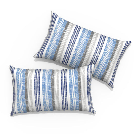 Melody Elephant Outdoor/Indoor Lumbar Pillows, Water Repellent Cushion Pillows, 12x20 Inch, Outdoor Pillows with Inserts for Home Garden, Pack of 2, Stripe Layered Blue