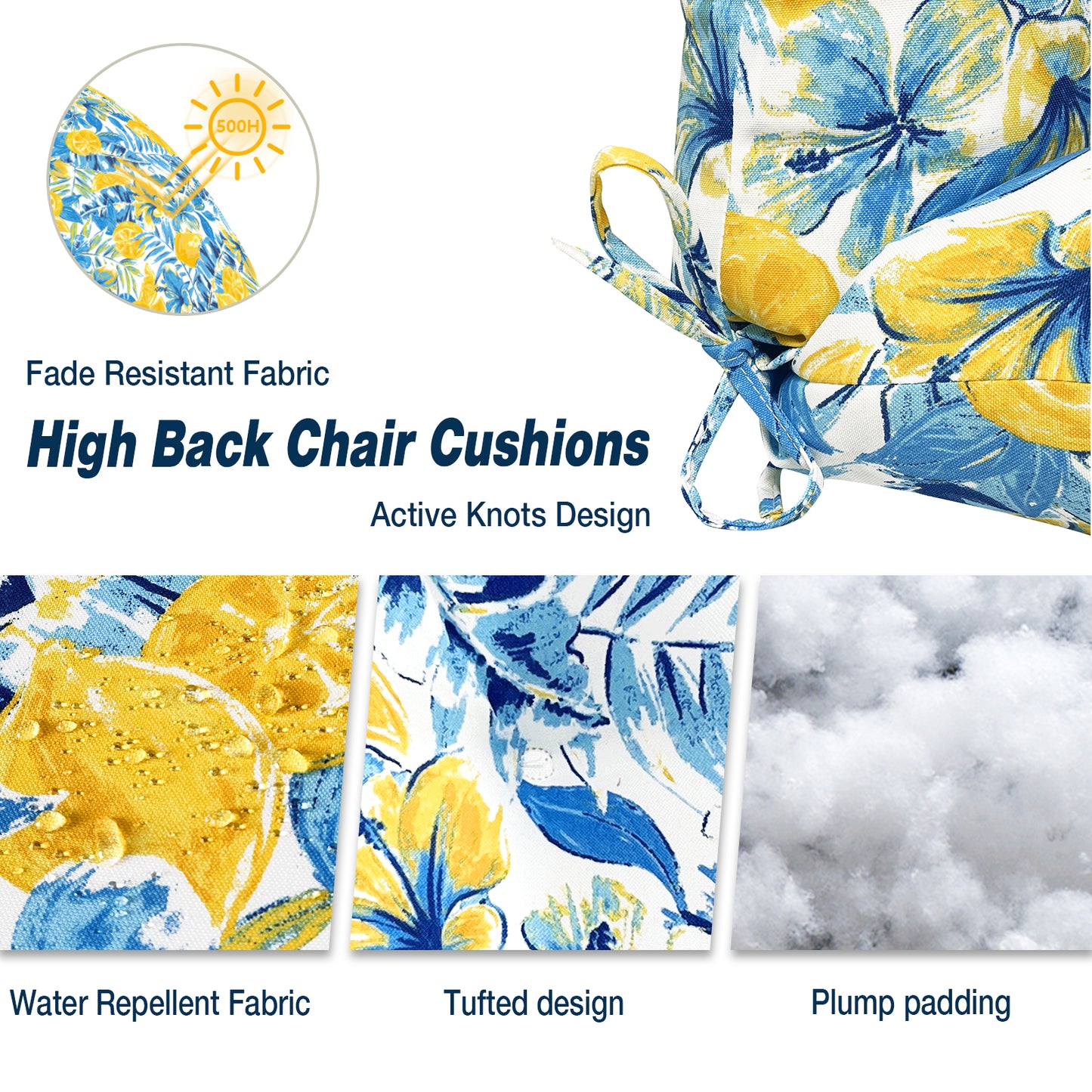 Melody Elephant Outdoor Tufted High Back Chair Cushions, Water Resistant Rocking Seat Chair Cushions 2 Pack, Adirondack Cushions for Patio Home Garden, 22" W x 20" D, Hanalei Lagoon