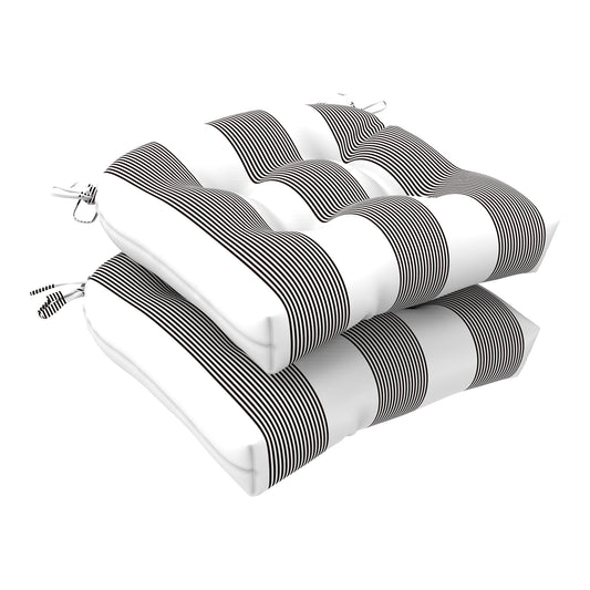 Melody Elephant Patio Wicker Chair Cushions, All Weather Outdoor Tufted Chair Pads Pack of 2, 19 x 19 x 5 Inch U-Shaped Seat Cushions of Garden Furniture Decoration, Stripe Cabana Black