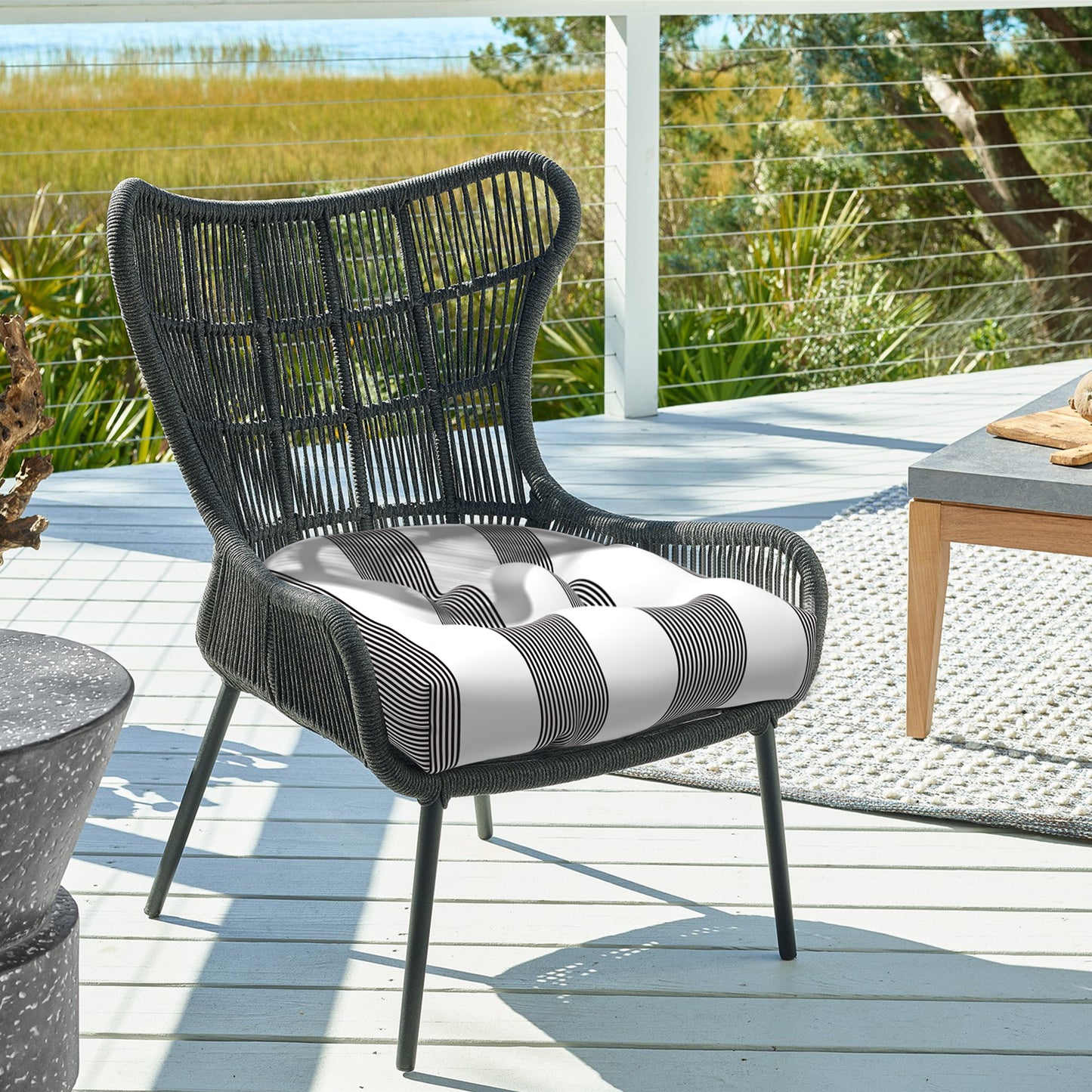 Melody Elephant Patio Wicker Chair Cushions, All Weather Outdoor Tufted Chair Pads Pack of 2, 19 x 19 x 5 Inch U-Shaped Seat Cushions of Garden Furniture Decoration, Stripe Cabana Black