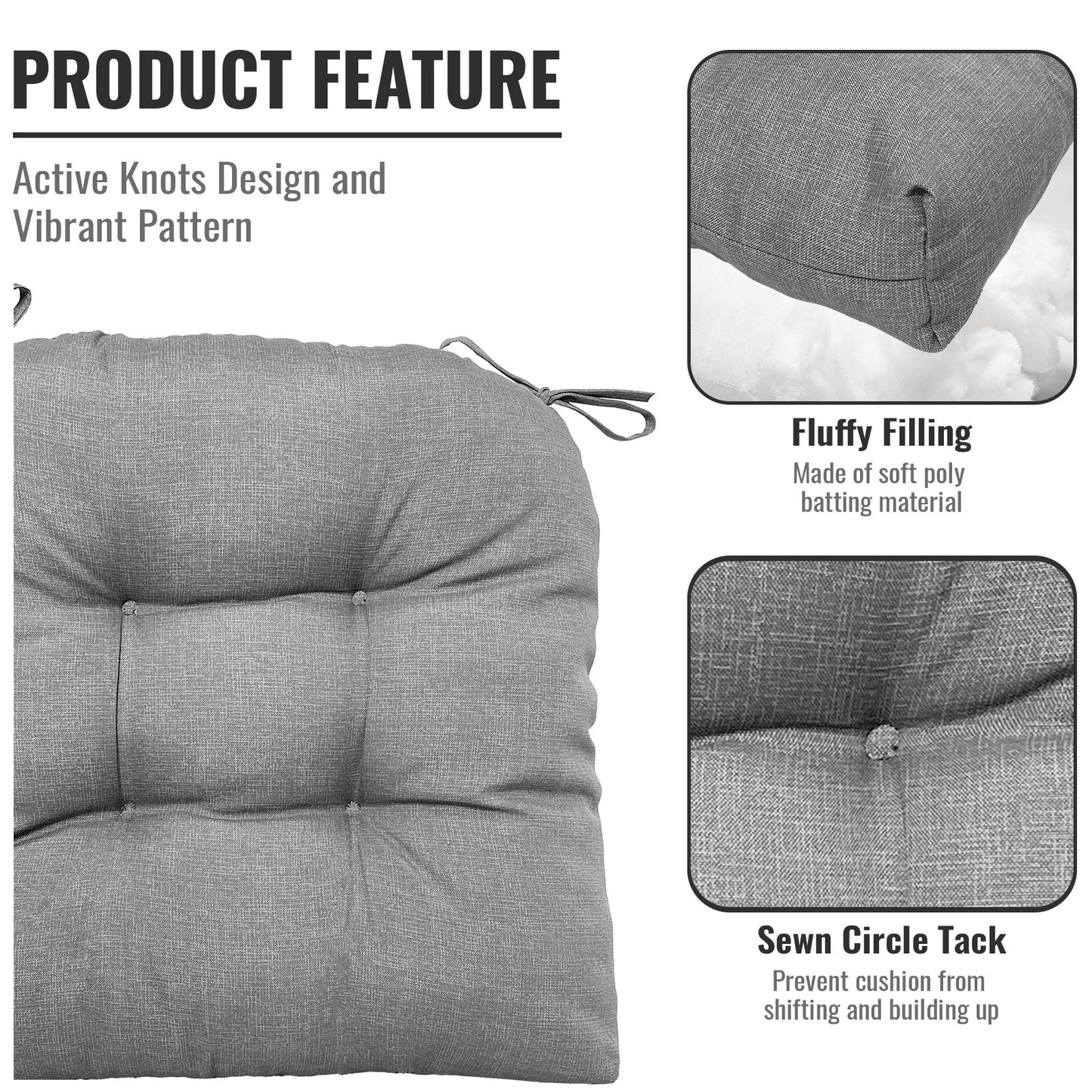 Melody Elephant Patio Wicker Chair Cushions, All Weather Outdoor Tufted Chair Pads Pack of 2, 19 x 19 x 5 Inch U-Shaped Seat Cushions of Garden Furniture Decoration, Textured Gray