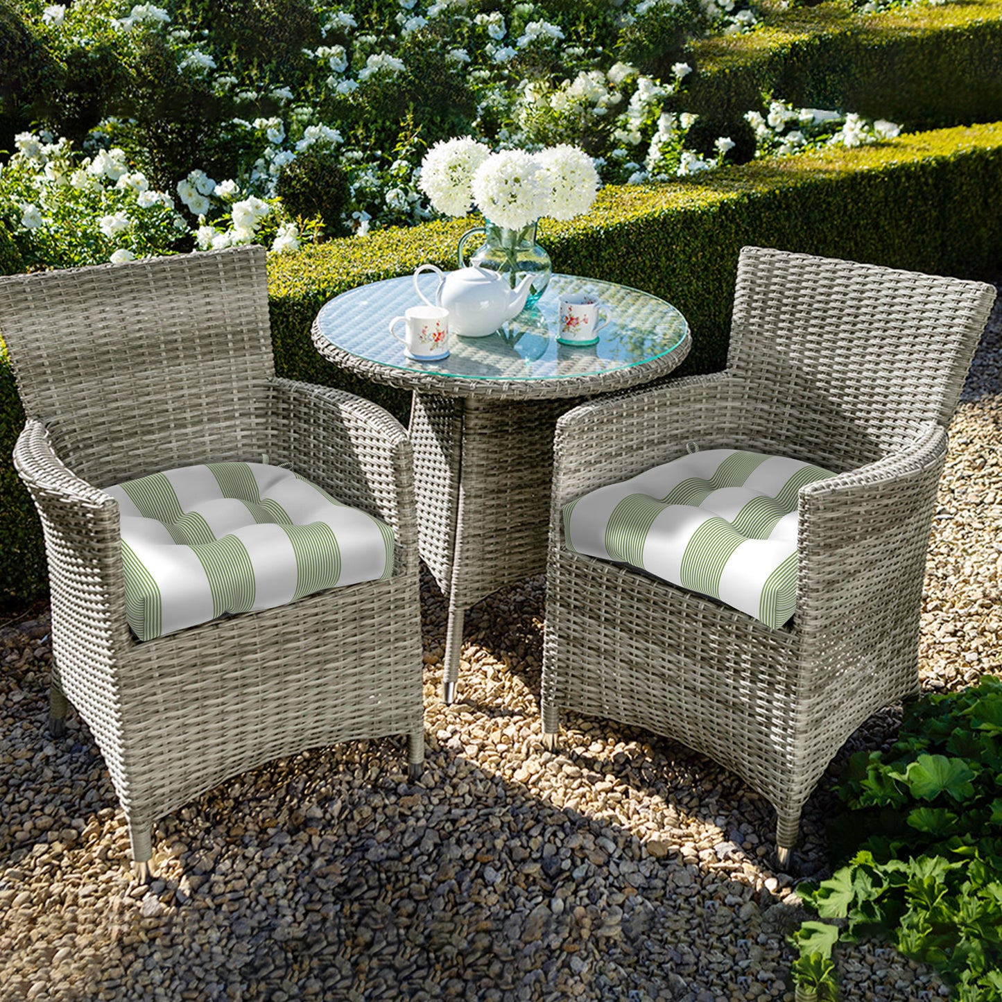Melody Elephant Patio Wicker Chair Cushions, All Weather Outdoor Tufted Chair Pads Pack of 2, 19 x 19 x 5 Inch U-Shaped Seat Cushions of Garden Furniture Decoration, Stripe Cabana Green