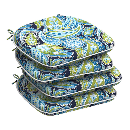 Melody Elephant Outdoor Chair Cushions Set of 4, Water Resistant Patio Chair Pads with Ties, Seat Cushions for Home Garden Furniture Decoration, 16”x17”,  Paisley Lapis Green