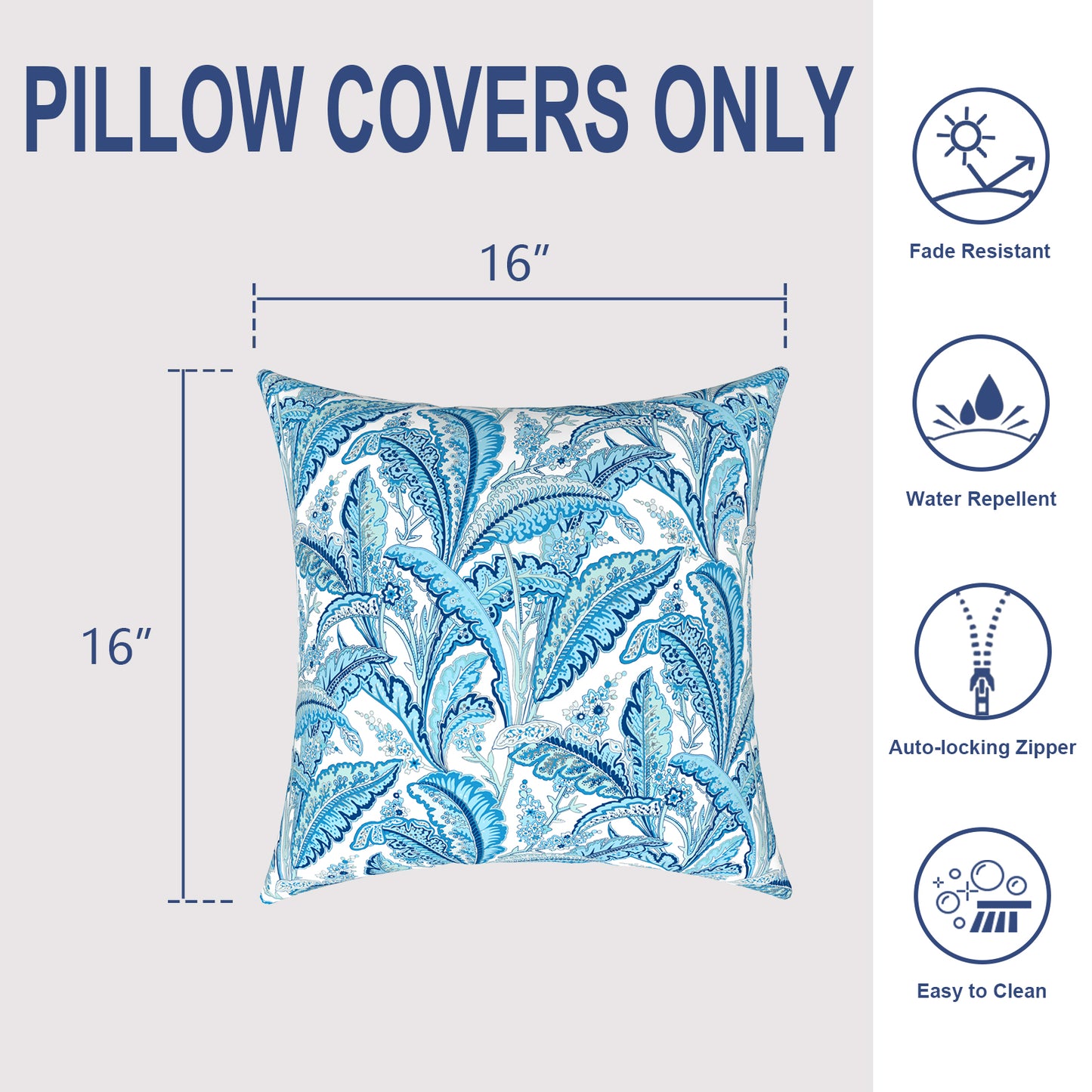 Melody Elephant Outdoor/Indoor Throw Pillow Covers Set of 2, All Weather Square Pillow Cases 16x16 Inch, Patio Cushion Pillow of Home Furniture Use, Monotone Leaves Blue