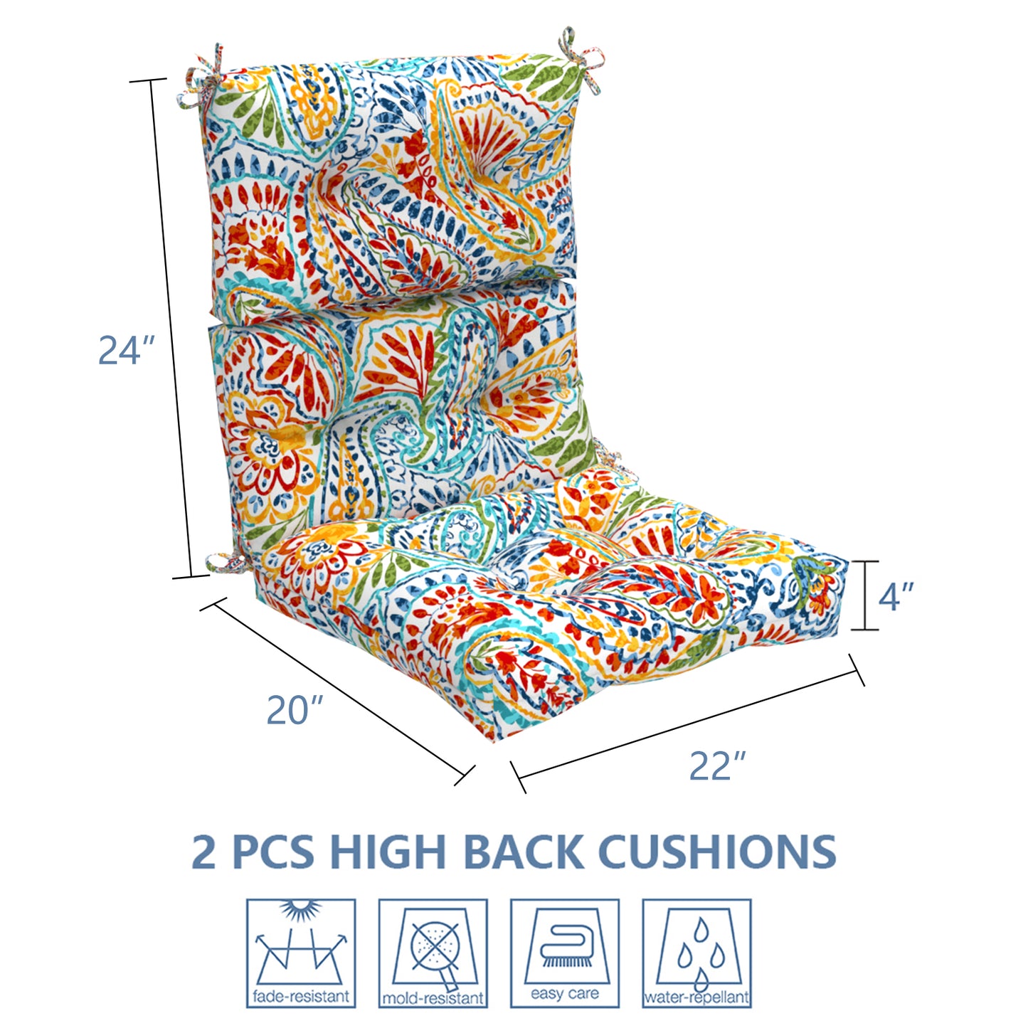 Melody Elephant Outdoor Tufted High Back Chair Cushions, Water Resistant Rocking Seat Chair Cushions 2 Pack, Adirondack Cushions for Patio Home Garden, 22" W x 20" D, Paisley Multi