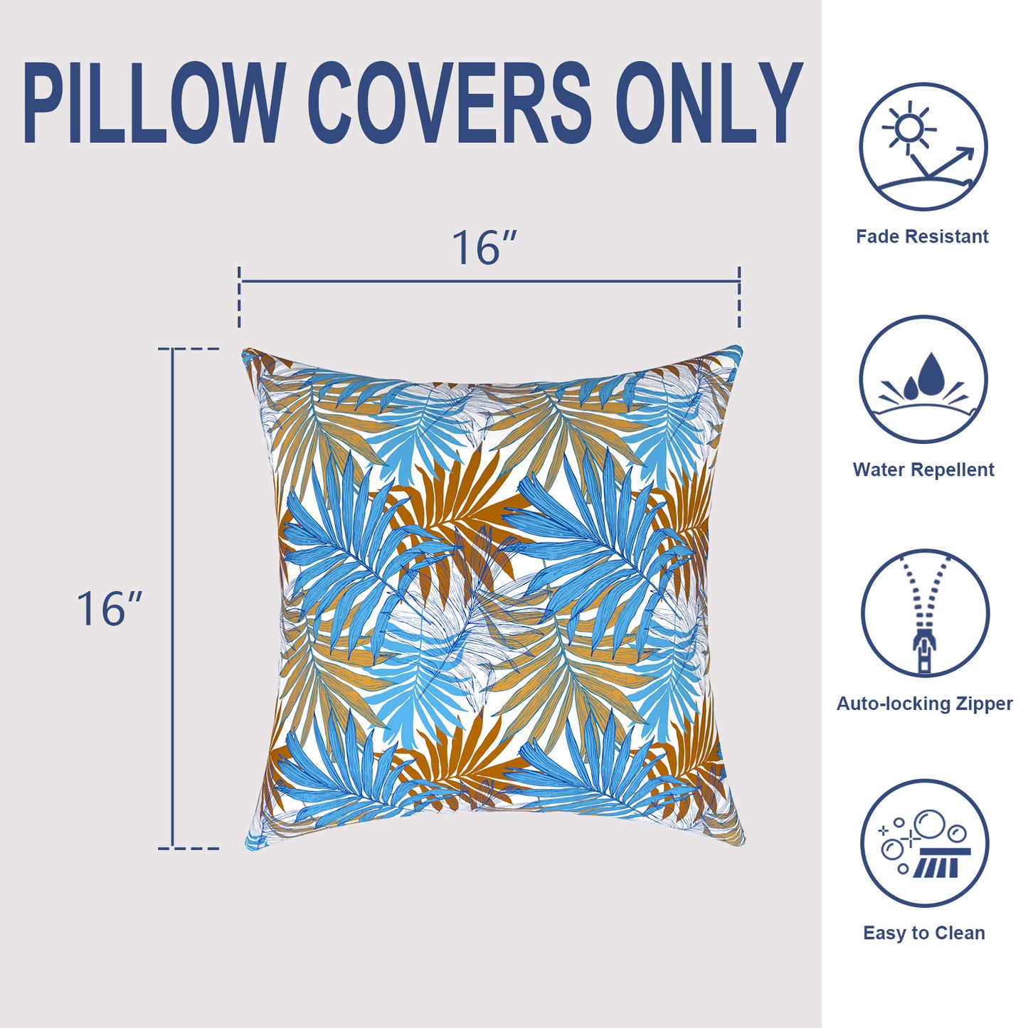 Melody Elephant Outdoor/Indoor Throw Pillow Covers Set of 2, All Weather Square Pillow Cases 16x16 Inch, Patio Cushion Pillow of Home Furniture Use, Piermont Leaves Blue