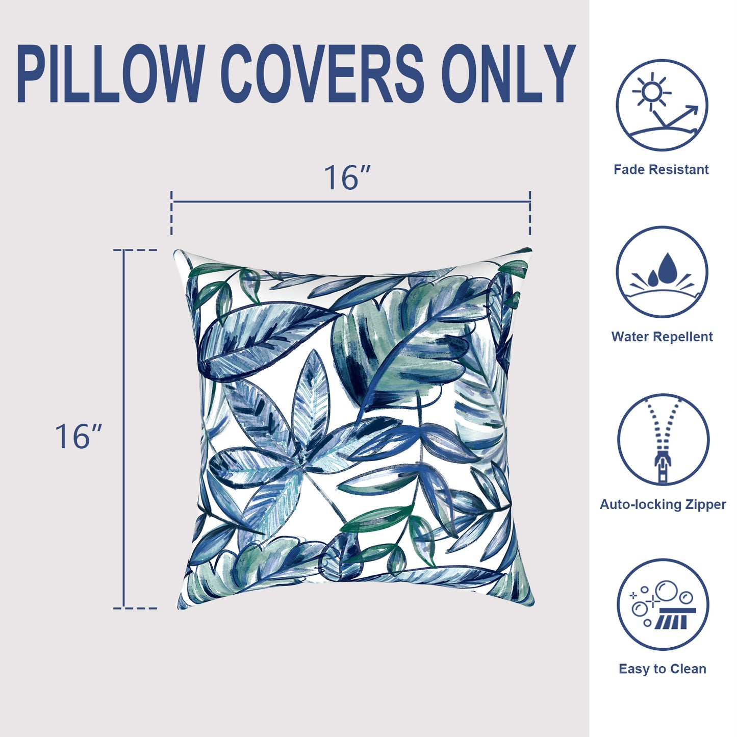 Melody Elephant Outdoor/Indoor Throw Pillow Covers Set of 2, All Weather Square Pillow Cases 16x16 Inch, Patio Cushion Pillow of Home Furniture Use, Leaves Ink Blue