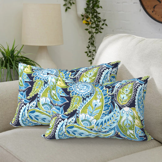 Melody Elephant Outdoor/Indoor Lumbar Pillows, Water Repellent Cushion Pillows, 12x20 Inch, Outdoor Pillows with Inserts for Home Garden, Pack of 2, Paisley Lapis Green