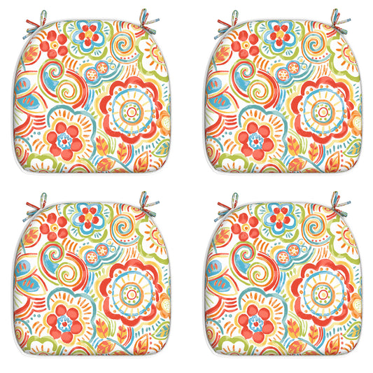 Melody Elephant Outdoor Chair Cushions Set of 4, Water Resistant Patio Chair Pads with Ties, Seat Cushions for Home Garden Furniture Decoration, 16”x17”,  Flower Multi