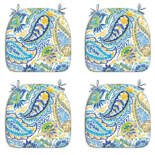 Melody Elephant Outdoor Chair Cushions Set of 4, Water Resistant Patio Chair Pads with Ties, Seat Cushions for Home Garden Furniture Decoration, 16”x17”,  Blue Paisley