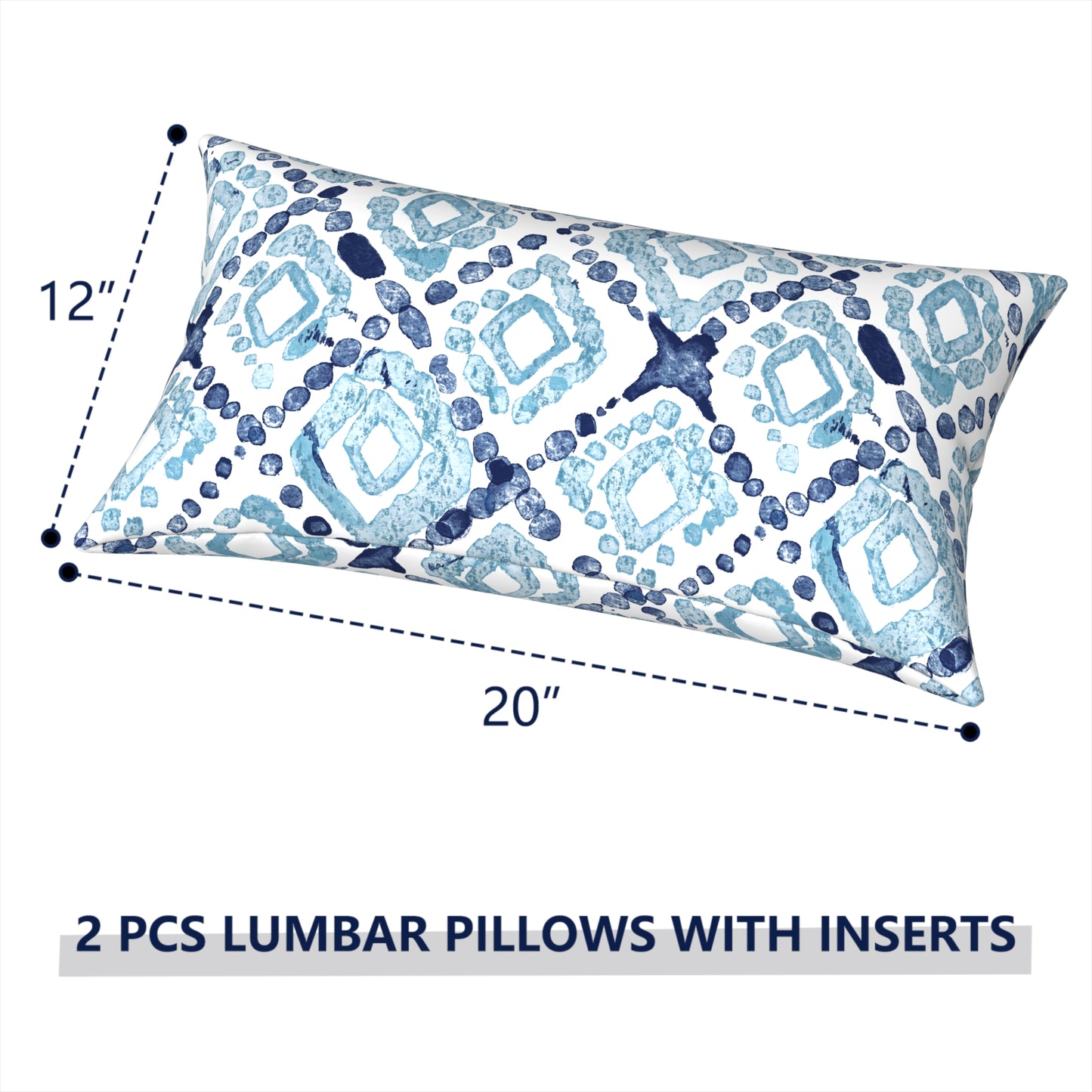 Melody Elephant Outdoor/Indoor Lumbar Pillows, Water Repellent Cushion Pillows, 12x20 Inch, Outdoor Pillows with Inserts for Home Garden, Pack of 2, Boho Geometry Blue