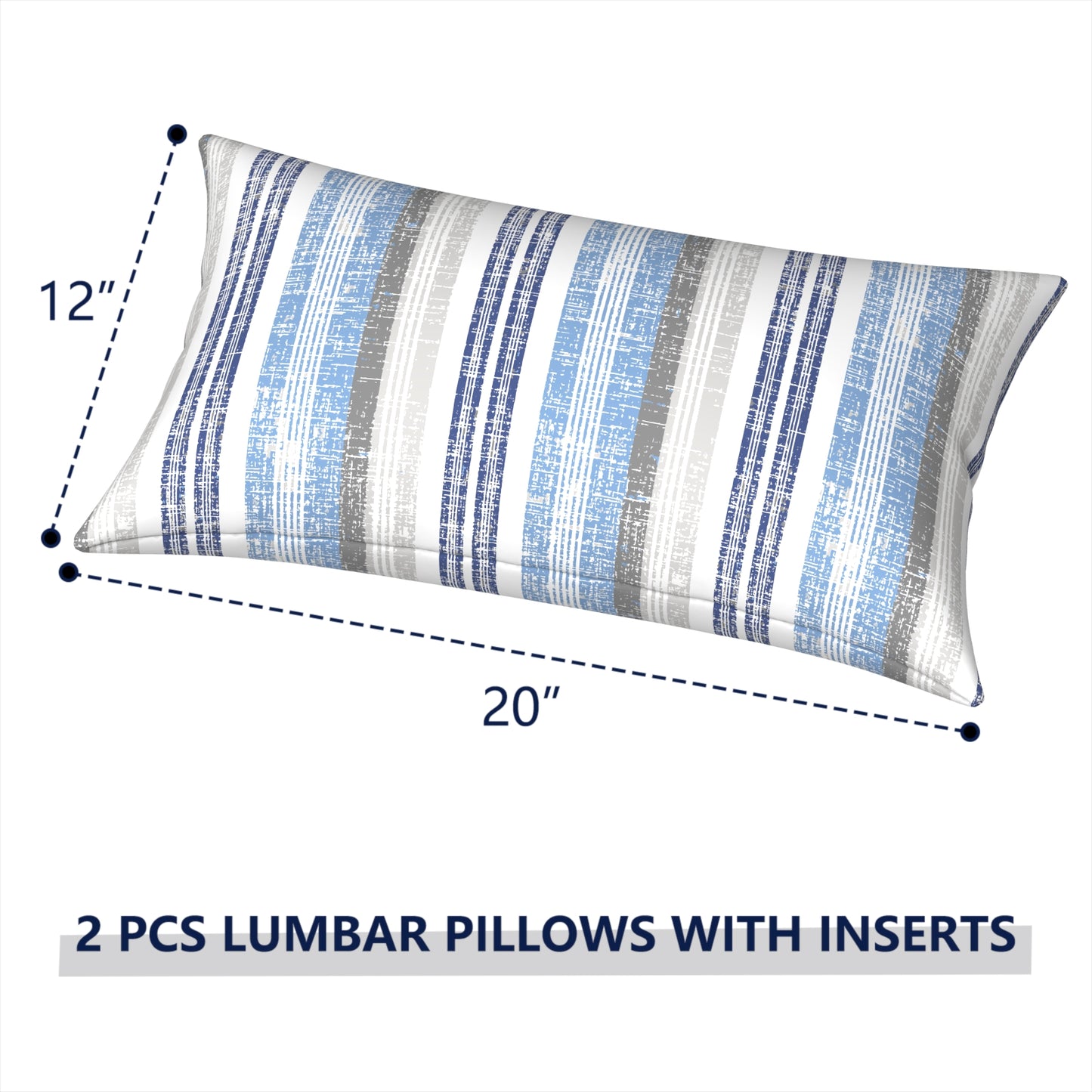 Melody Elephant Outdoor/Indoor Lumbar Pillows, Water Repellent Cushion Pillows, 12x20 Inch, Outdoor Pillows with Inserts for Home Garden, Pack of 2, Stripe Layered Blue
