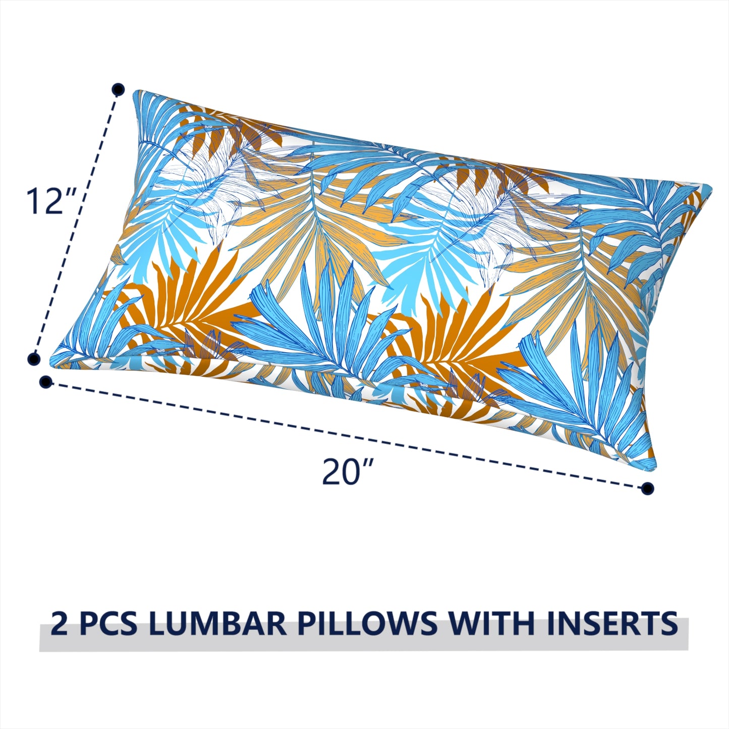 Melody Elephant Outdoor/Indoor Lumbar Pillows, Water Repellent Cushion Pillows, 12x20 Inch, Outdoor Pillows with Inserts for Home Garden, Pack of 2, Piermont Leaves Blue