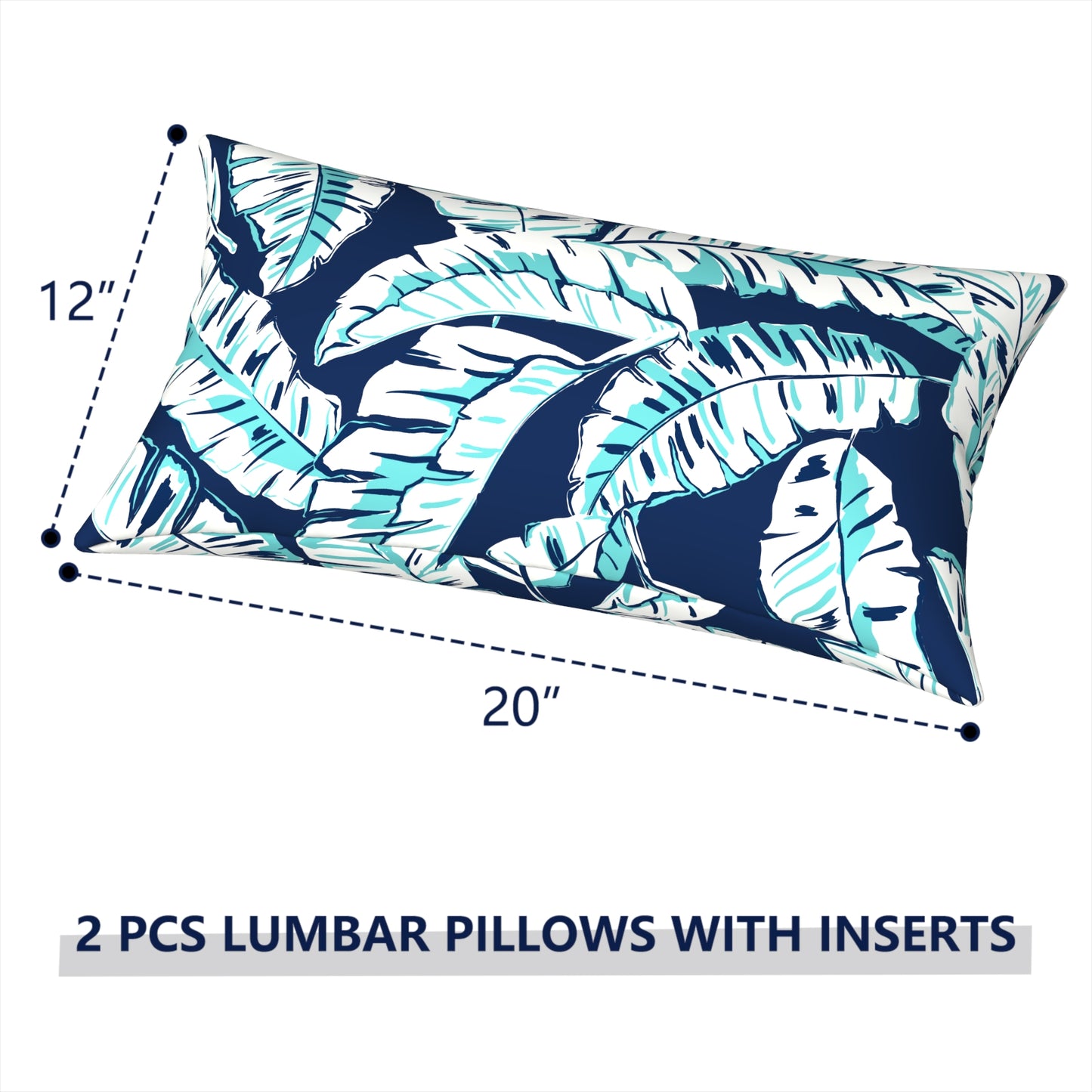Melody Elephant Outdoor/Indoor Lumbar Pillows, Water Repellent Cushion Pillows, 12x20 Inch, Outdoor Pillows with Inserts for Home Garden, Pack of 2, Baltic Palms White