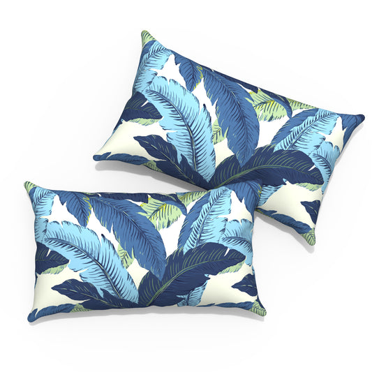 Melody Elephant Outdoor/Indoor Lumbar Pillows, Water Repellent Cushion Pillows, 12x20 Inch, Outdoor Pillows with Inserts for Home Garden, Pack of 2, Swaying Palms Blue