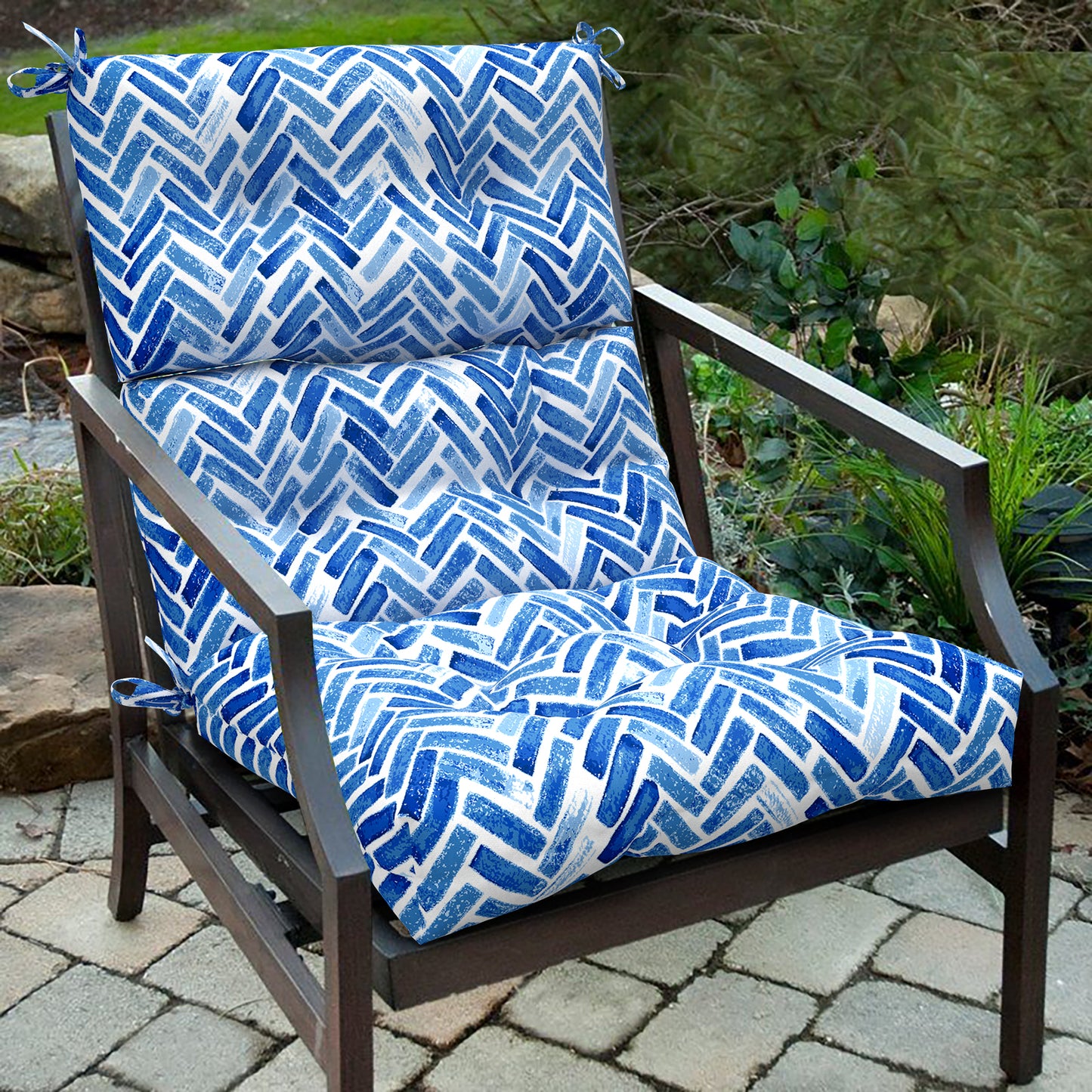 Melody Elephant Outdoor Tufted High Back Chair Cushions, Water Resistant Rocking Seat Chair Cushions 2 Pack, Adirondack Cushions for Patio Home Garden, 22" W x 20" D, Blue Bricks
