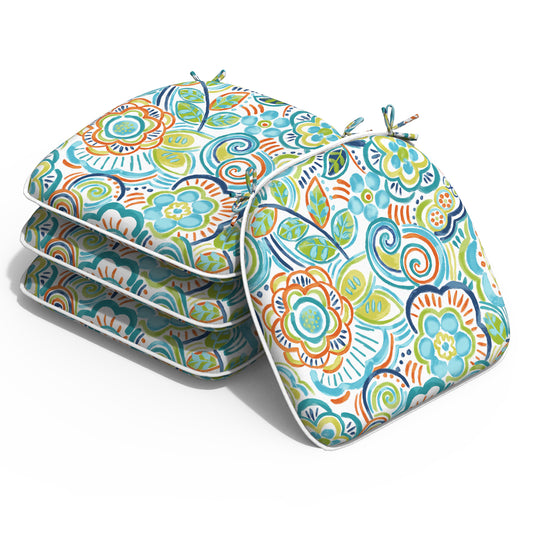 Melody Elephant Outdoor Chair Cushions Set of 4, Water Resistant Patio Chair Pads with Ties, Seat Cushions for Home Garden Furniture Decoration, 16”x17”,  Flower Blue