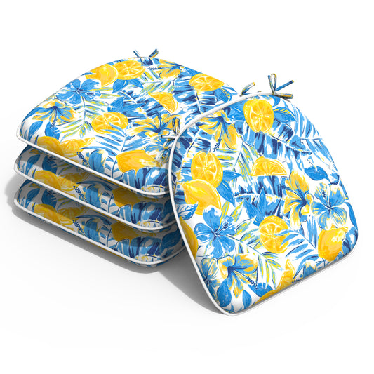 Melody Elephant Outdoor Chair Cushions Set of 4, Water Resistant Patio Chair Pads with Ties, Seat Cushions for Home Garden Furniture Decoration, 16”x17”,  Lemon Blossom Blue