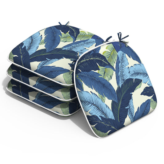Melody Elephant Outdoor Chair Cushions Set of 4, Water Resistant Patio Chair Pads with Ties, Seat Cushions for Home Garden Furniture Decoration, 16”x17”,  Swaying Palms Blue