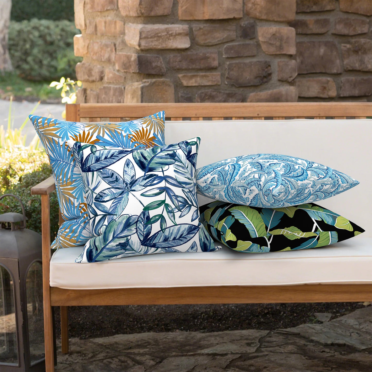 Melody Elephant Outdoor/Indoor Throw Pillow Covers Set of 2, All Weather Square Pillow Cases 16x16 Inch, Patio Cushion Pillow of Home Furniture Use, Monotone Leaves Blue