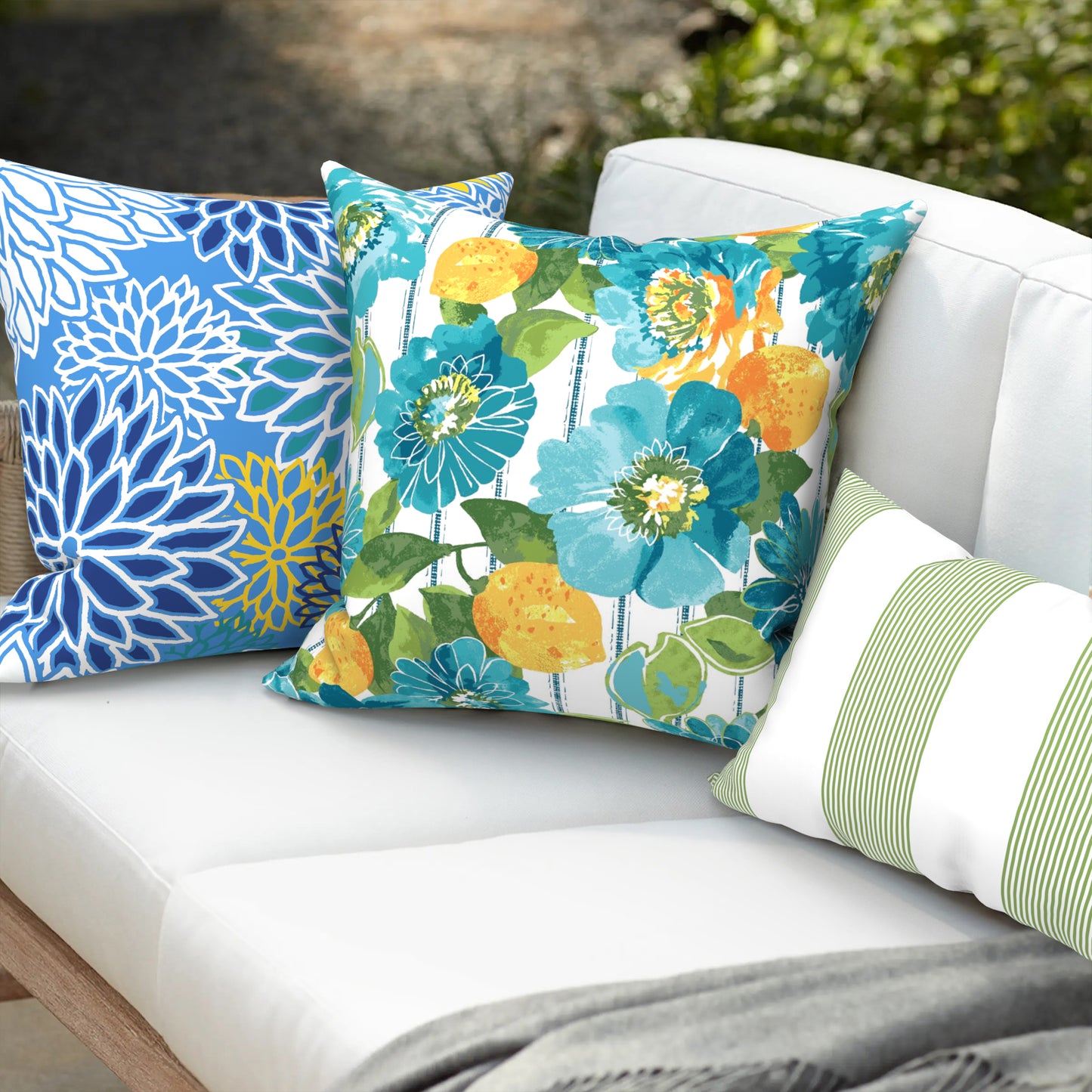 Melody Elephant Pack of 2 Patio Throw Pillow Covers ONLY, Water Repellent Cushion Cases 20x20 Inch, Square Pillowcases for Outdoor Couch Decoration, Dahlia Blue