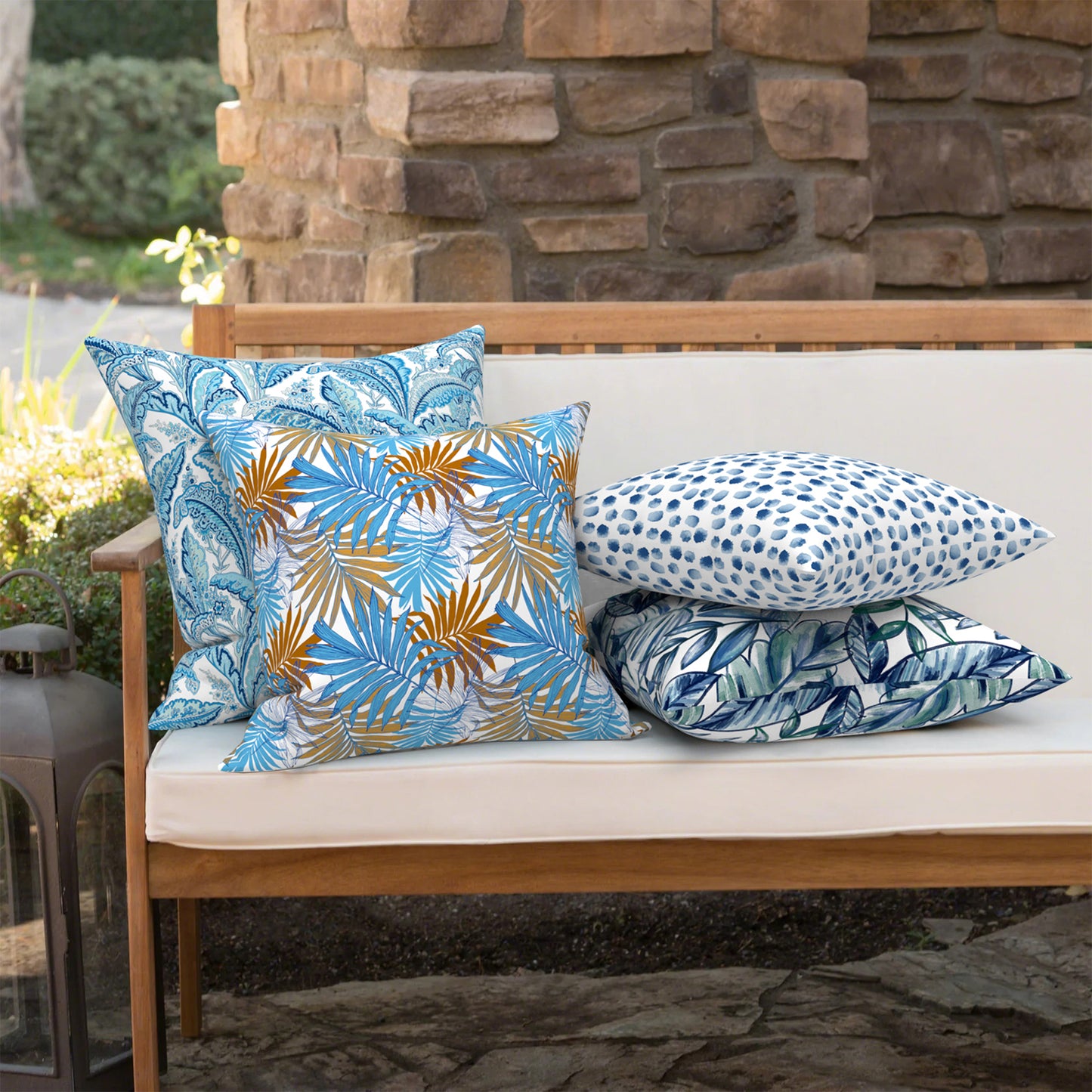 Melody Elephant Outdoor/Indoor Throw Pillow Covers Set of 2, All Weather Square Pillow Cases 16x16 Inch, Patio Cushion Pillow of Home Furniture Use, Piermont Leaves Blue