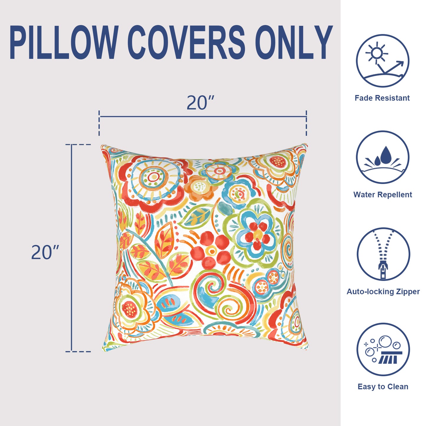 Melody Elephant Pack of 2 Patio Throw Pillow Covers ONLY, Water Repellent Cushion Cases 20x20 Inch, Square Pillowcases for Outdoor Couch Decoration, Flower Multi
