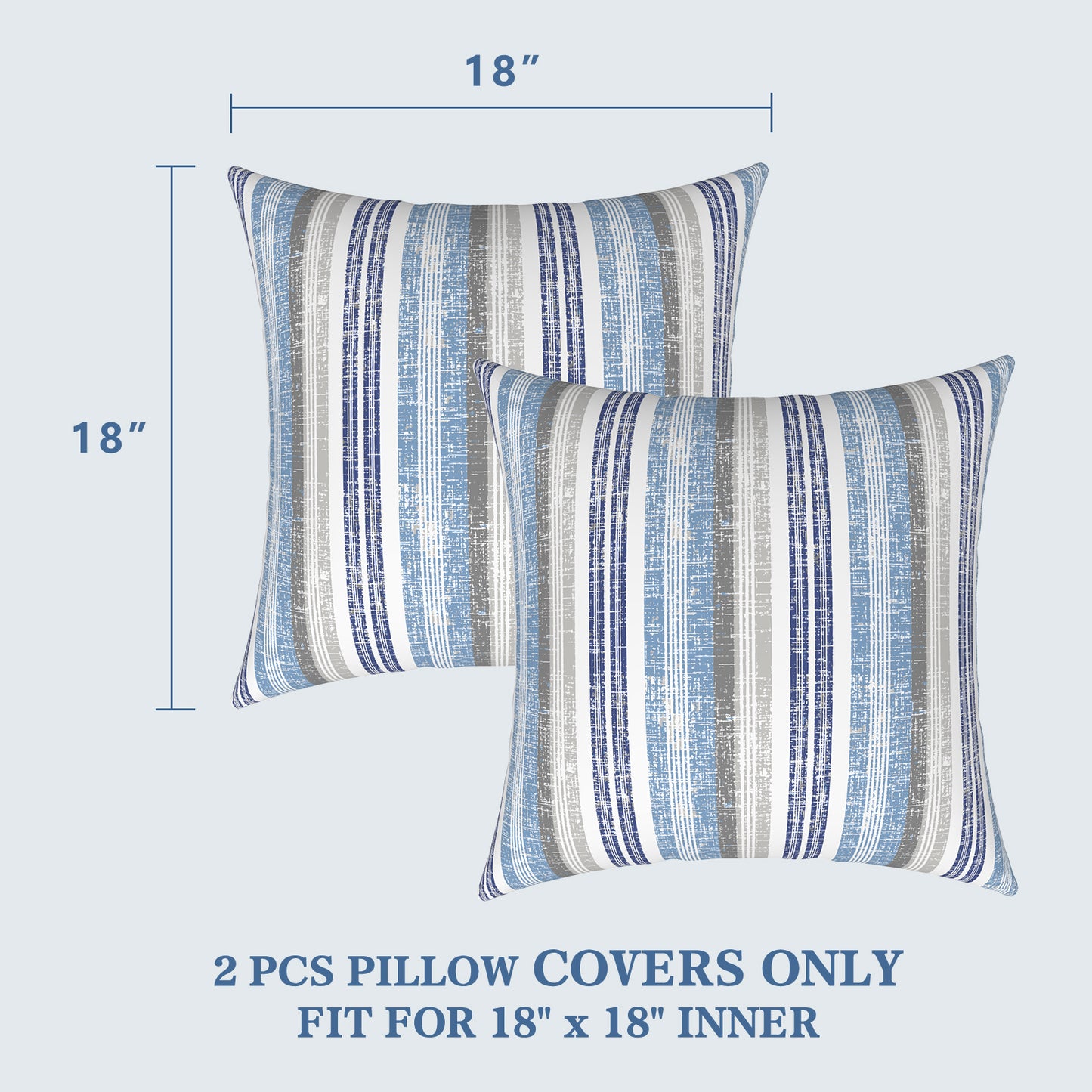 Melody Elephant Outdoor Throw Pillow Covers Pack of 2, Decorative Water Repellent Square Pillow Cases 18x18 Inch, Patio Pillowcases for Home Patio Furniture Use, Stripe Layered Blue