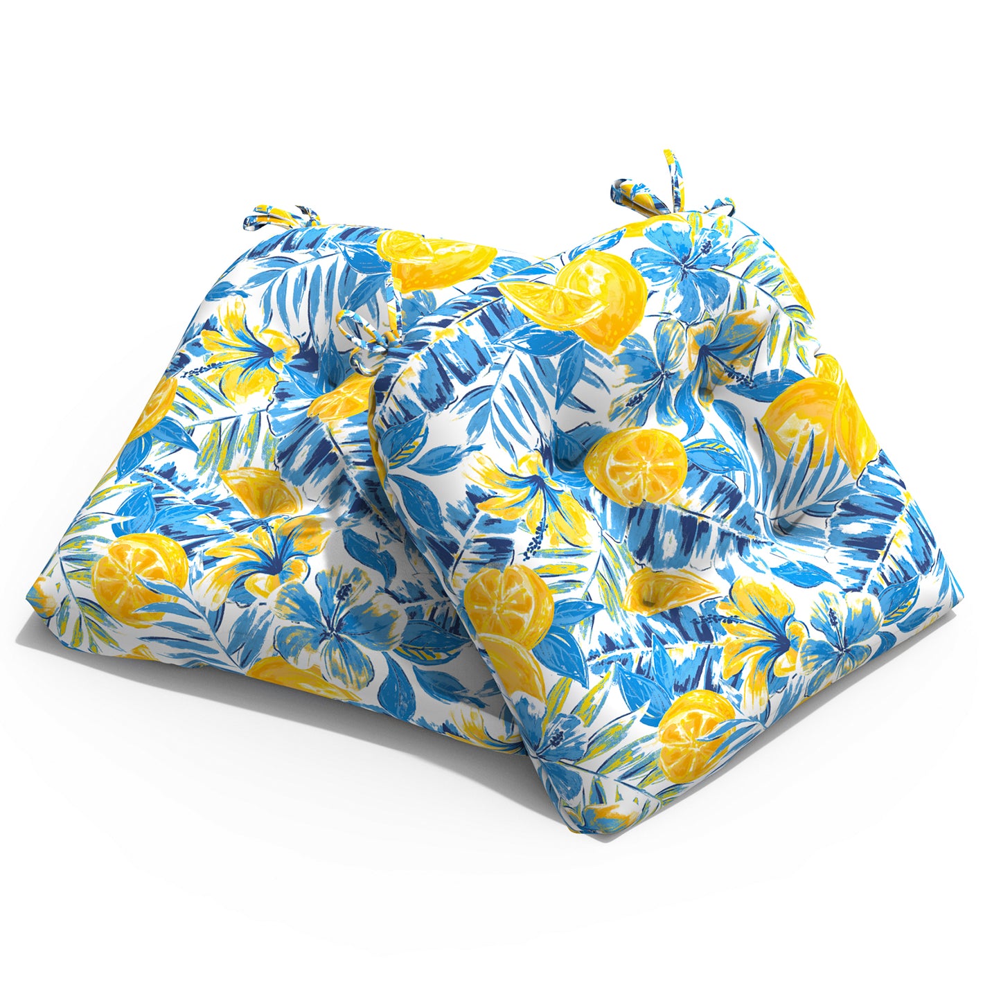 Melody Elephant Patio Wicker Chair Cushions, All Weather Outdoor Tufted Chair Pads Pack of 2, 19 x 19 x 5 Inch U-Shaped Seat Cushions of Garden Furniture Decoration, Lemon Blossom Blue