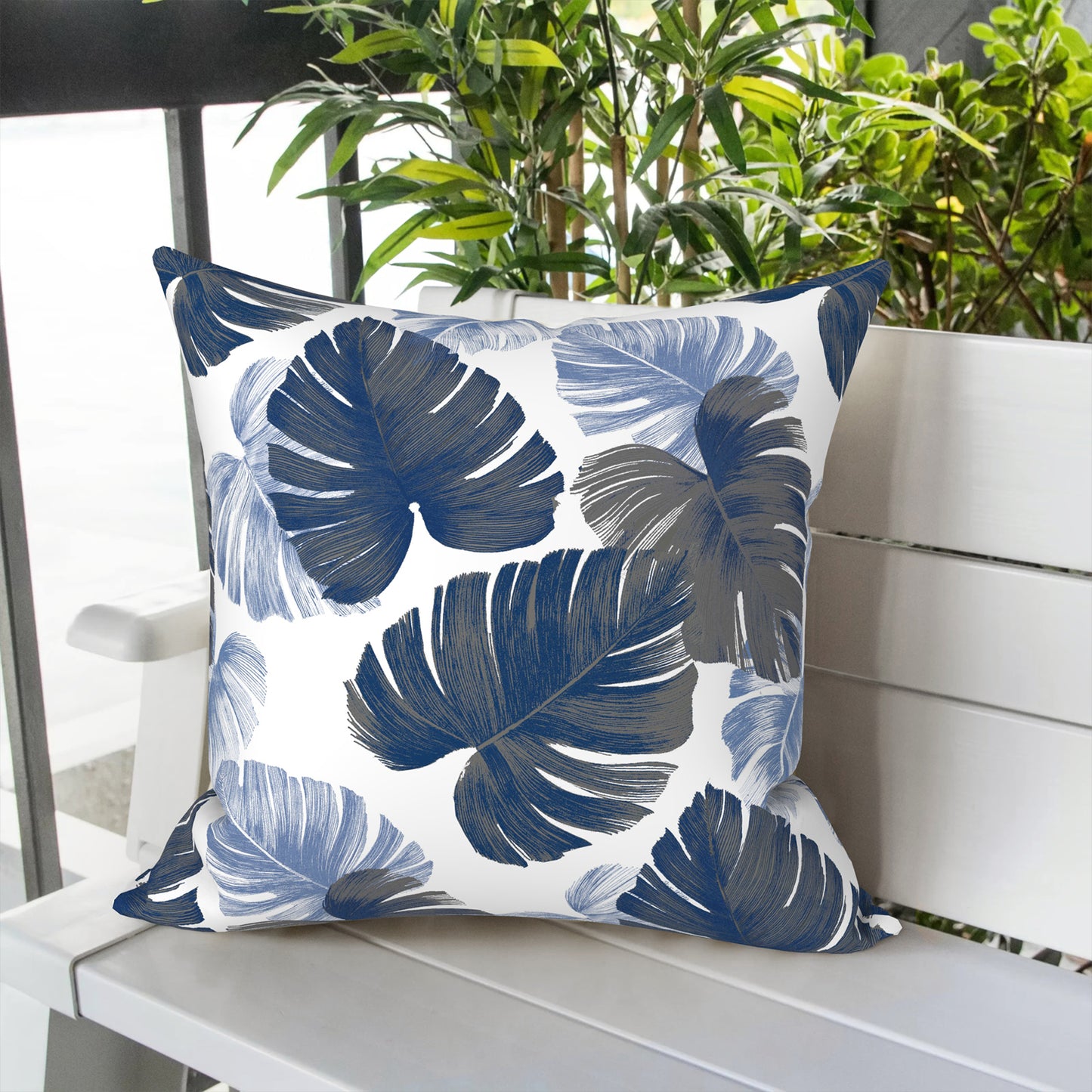 Melody Elephant Outdoor Throw Pillow Covers Pack of 2, Decorative Water Repellent Square Pillow Cases 18x18 Inch, Patio Pillowcases for Home Patio Furniture Use, Monstera Blue