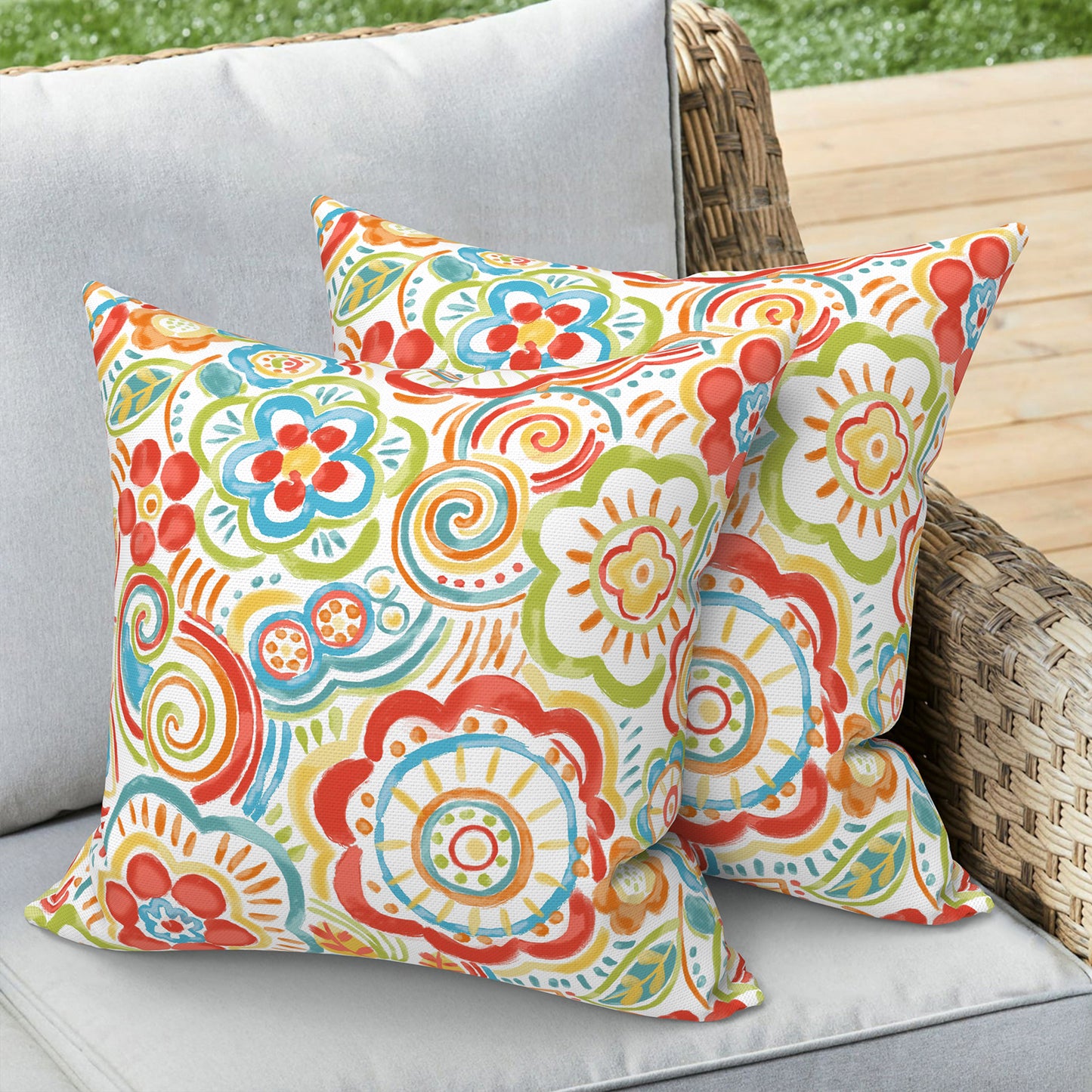 Melody Elephant Outdoor/Indoor Throw Pillow Covers Set of 2, All Weather Square Pillow Cases 16x16 Inch, Patio Cushion Pillow of Home Furniture Use, Flower Multi