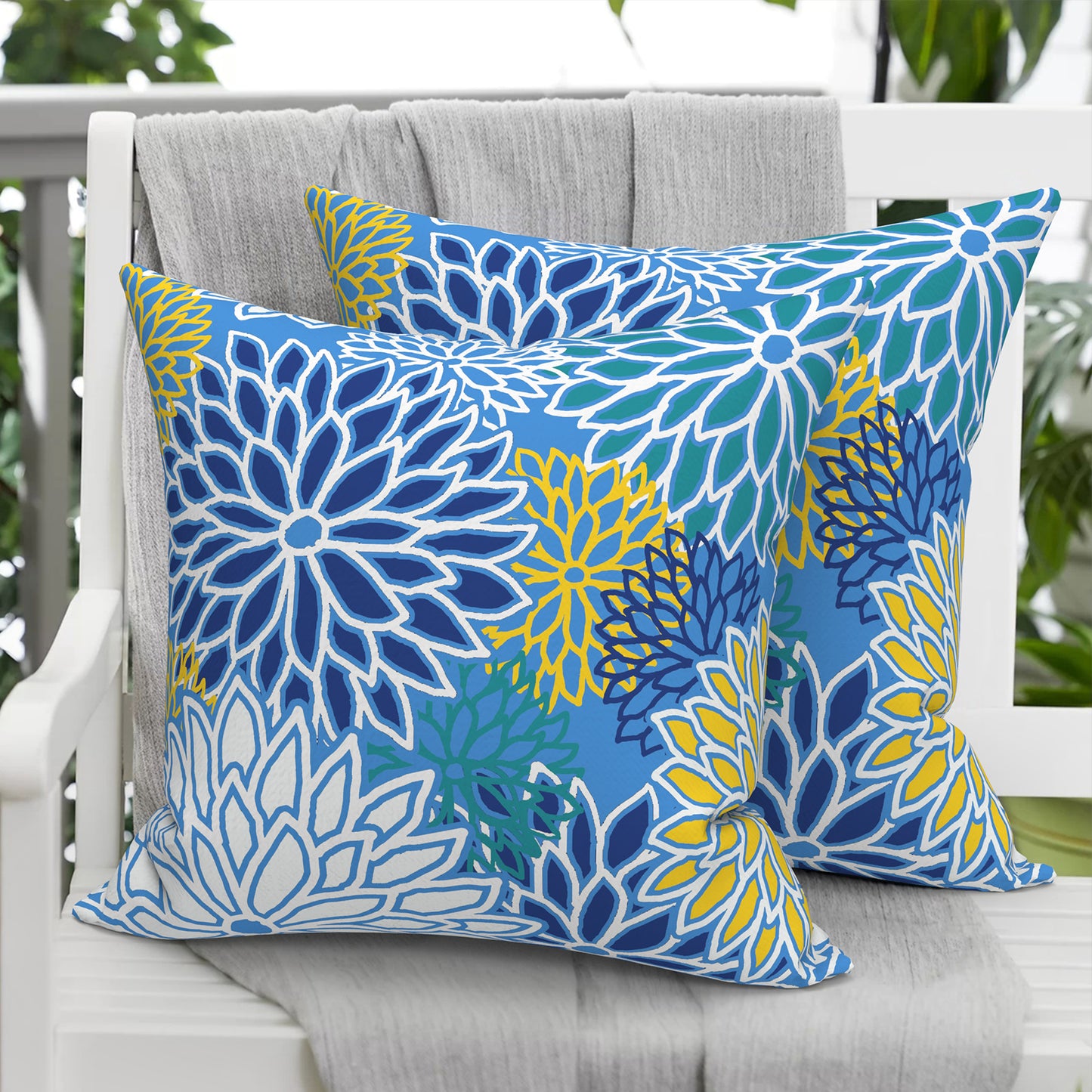 Melody Elephant Pack of 2 Patio Throw Pillow Covers ONLY, Water Repellent Cushion Cases 20x20 Inch, Square Pillowcases for Outdoor Couch Decoration, Dahlia Blue
