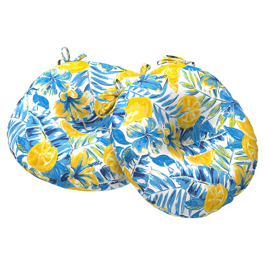 Melody Elephant Outdoor Bistro Chair Cushions, Water Repellent Furniture Chair Pads Set of 2, Round Pillow for Decoration Home and Garden, 15”x15”x4”, Lemon Blossom Blue